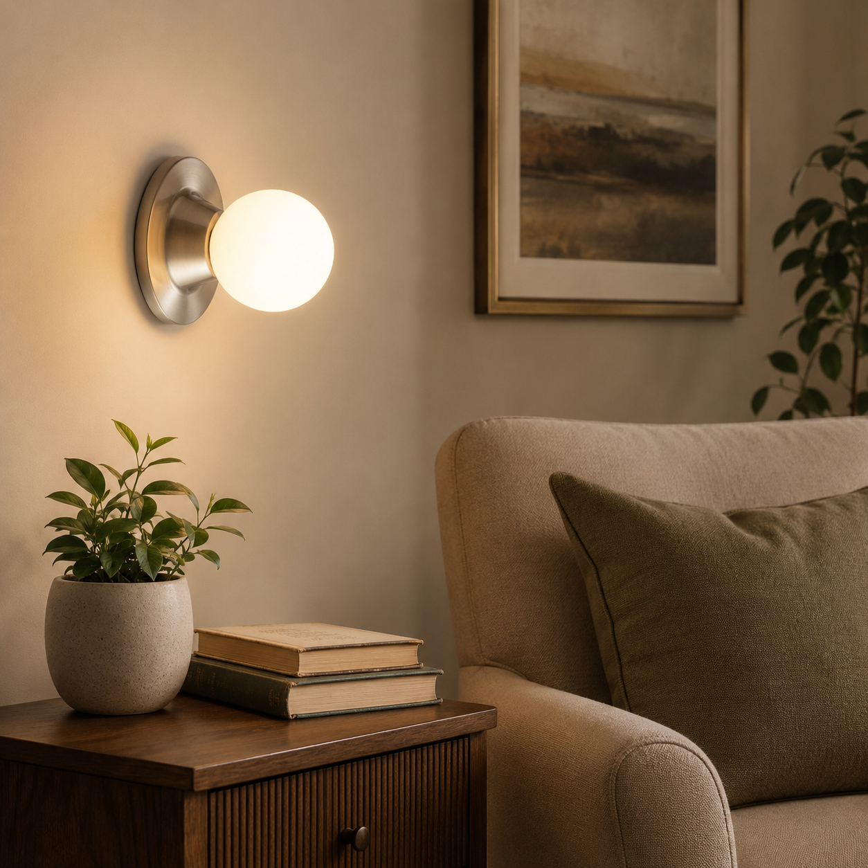Una lámpara de pared moderna ilumina una mesita de noche con planta y libros, junto a una silla.