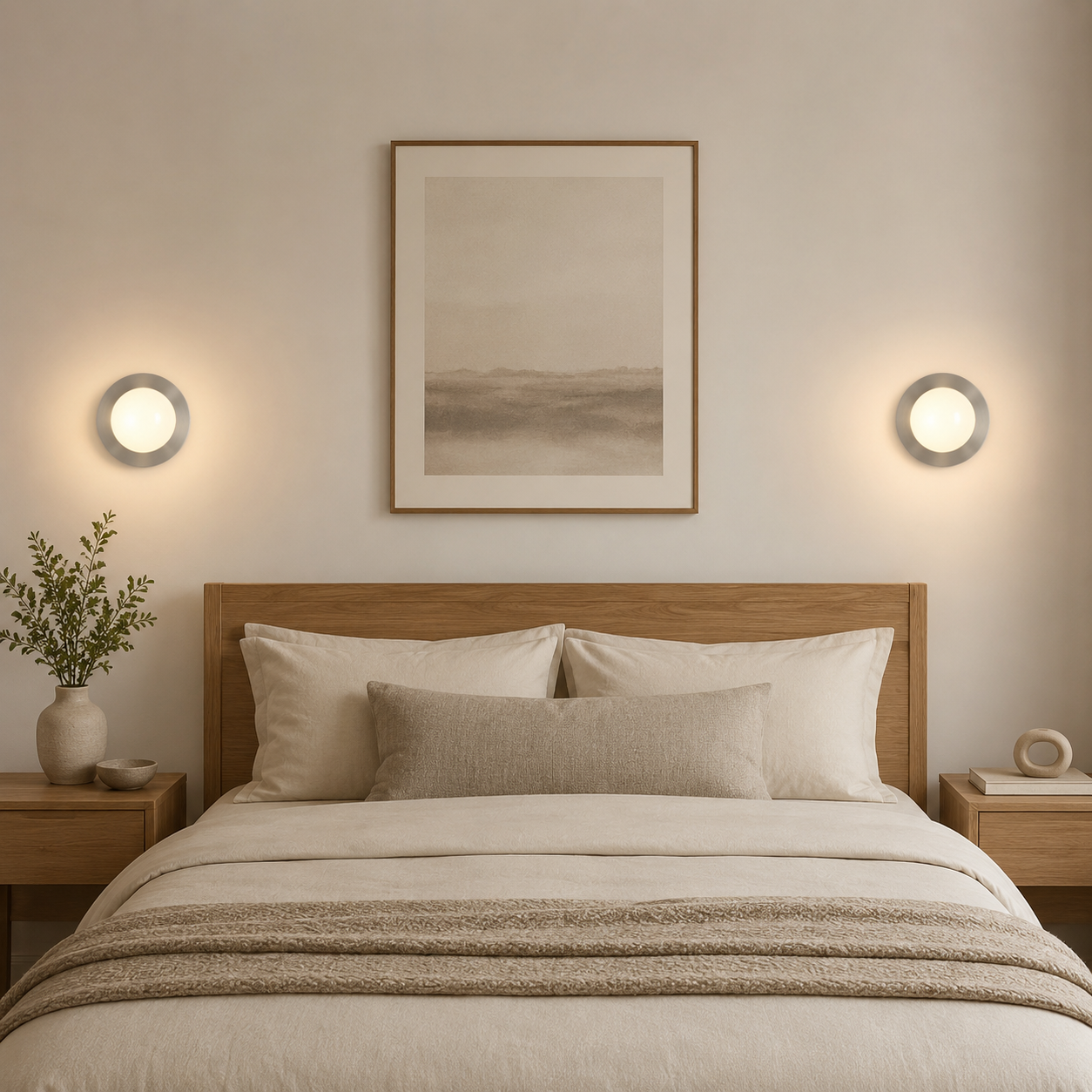 Un dormitorio con cama de madera, dos mesitas de noche y dos apliques de pared.