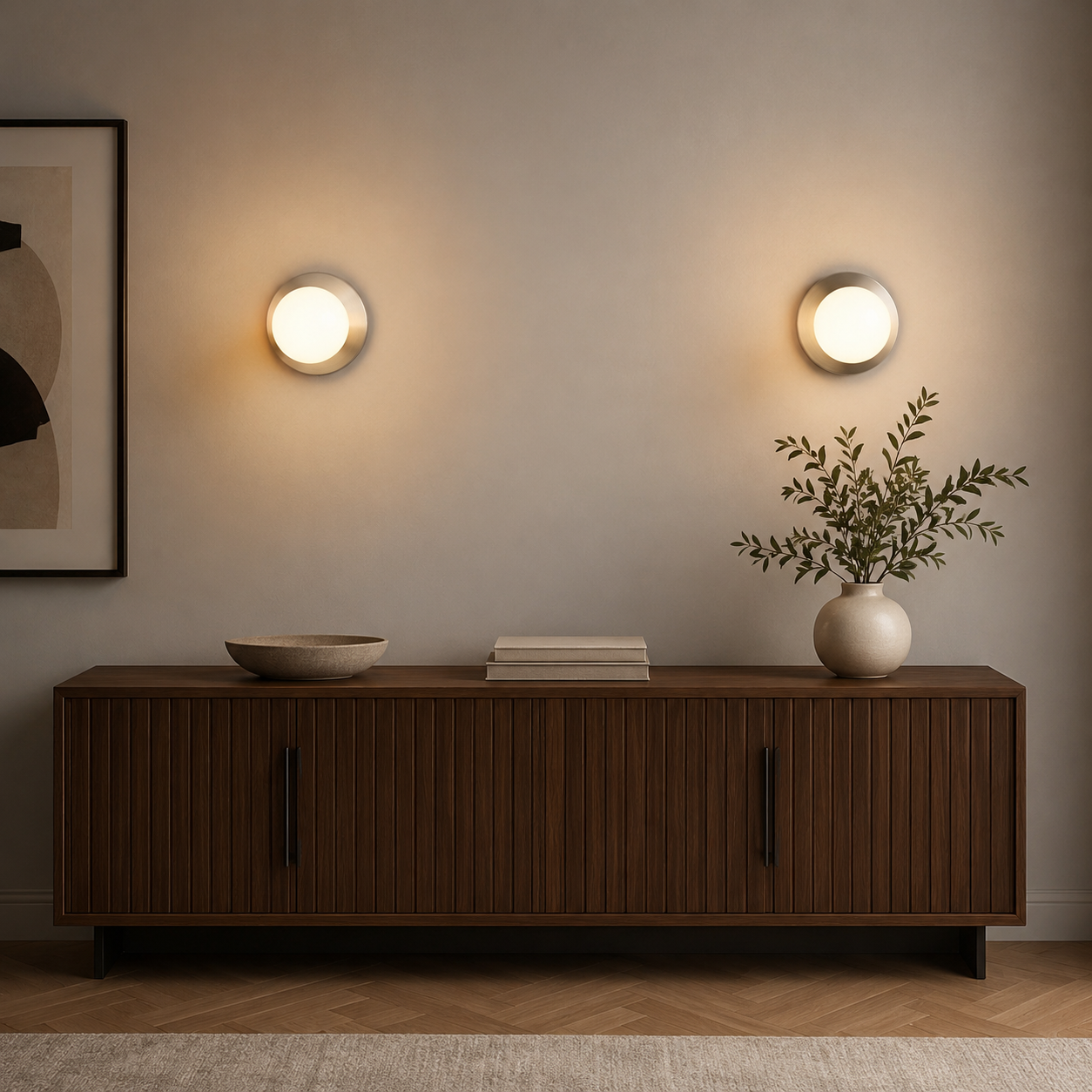 Un mueble de madera con dos apliques de pared, un cuadro y jarrones.