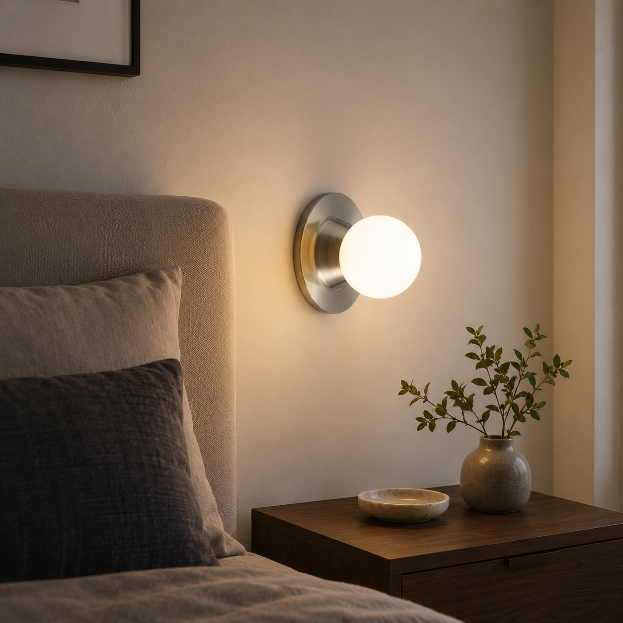 Una mesita de noche con un jarrón y un cuenco junto a una cama con lámpara de pared.