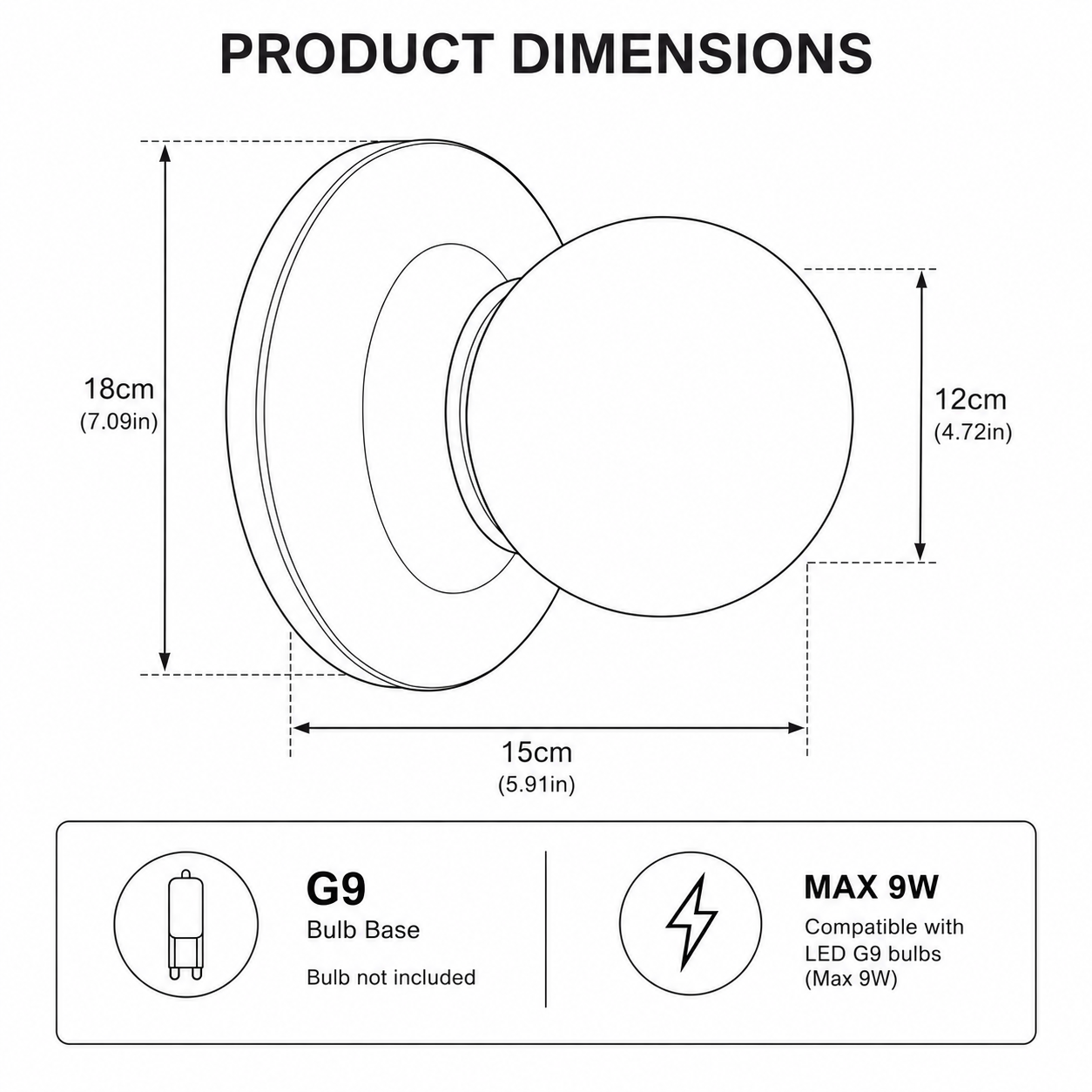 Diagrama de dimensiones: 18cm x 12cm x 15cm. Base bombilla G9, máx. 9W.