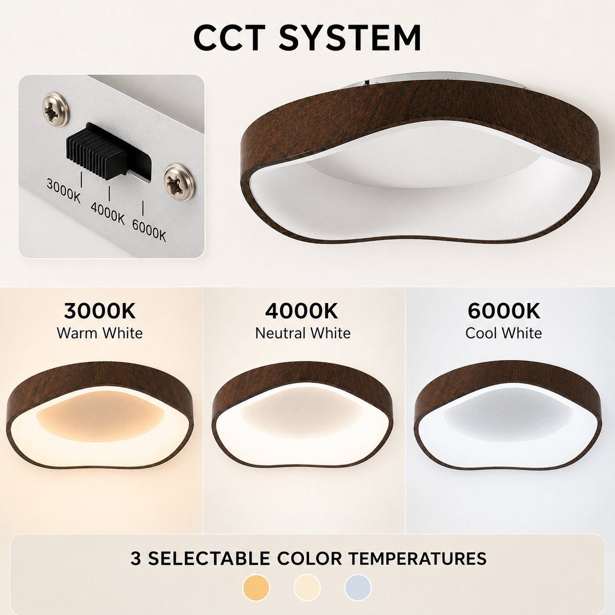 Lámpara de techo con acabado de madera y temperatura de color ajustable (3000K, 4000K, 6000K).