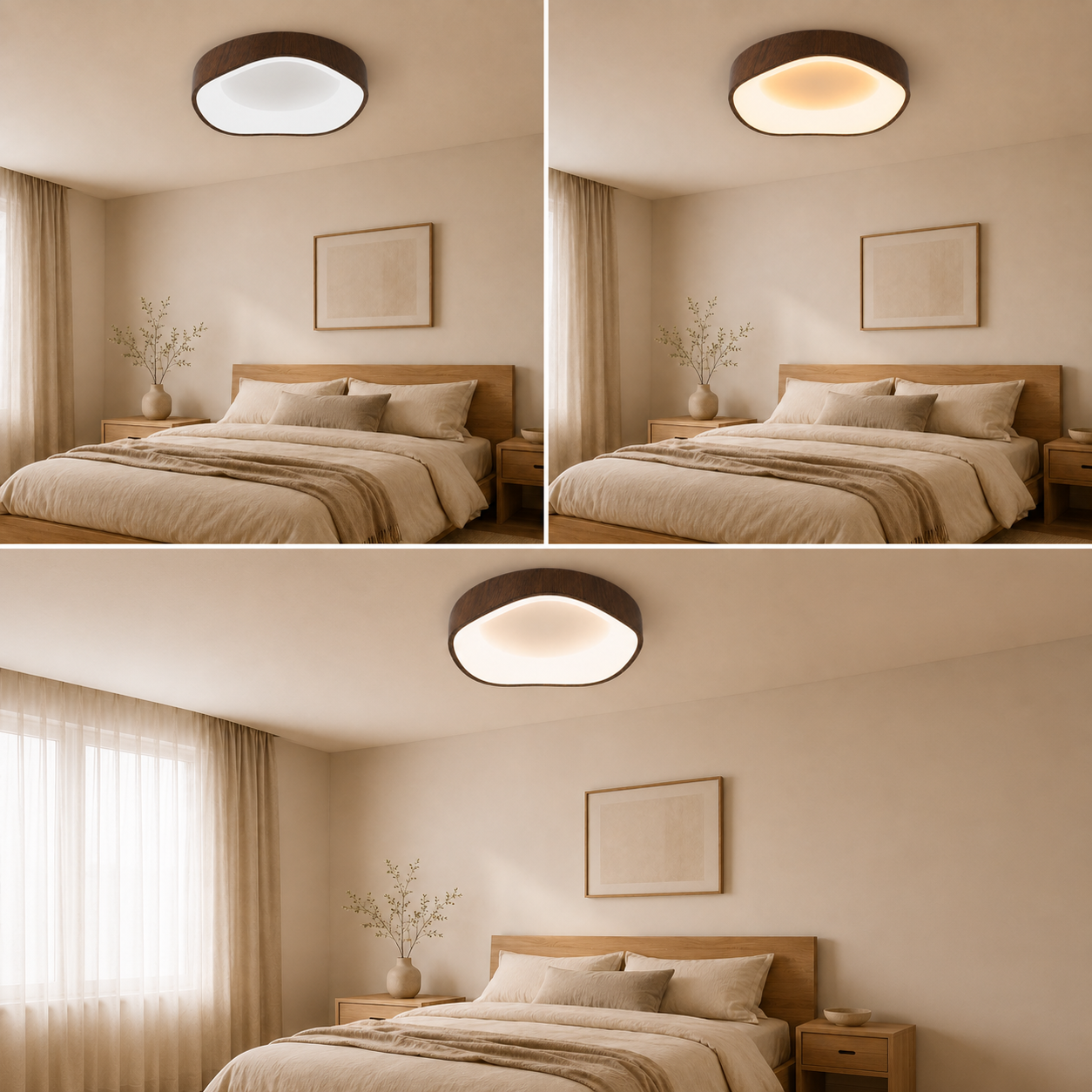 Un dormitorio con cama de madera, mesitas de noche y luz de techo.