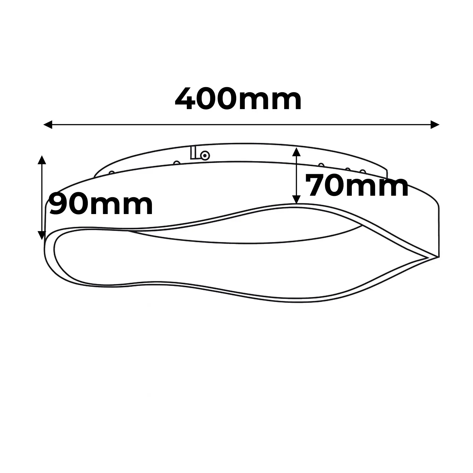Un diagrama de una lámpara que muestra las dimensiones de 400 mm x 90 mm x 70 mm.