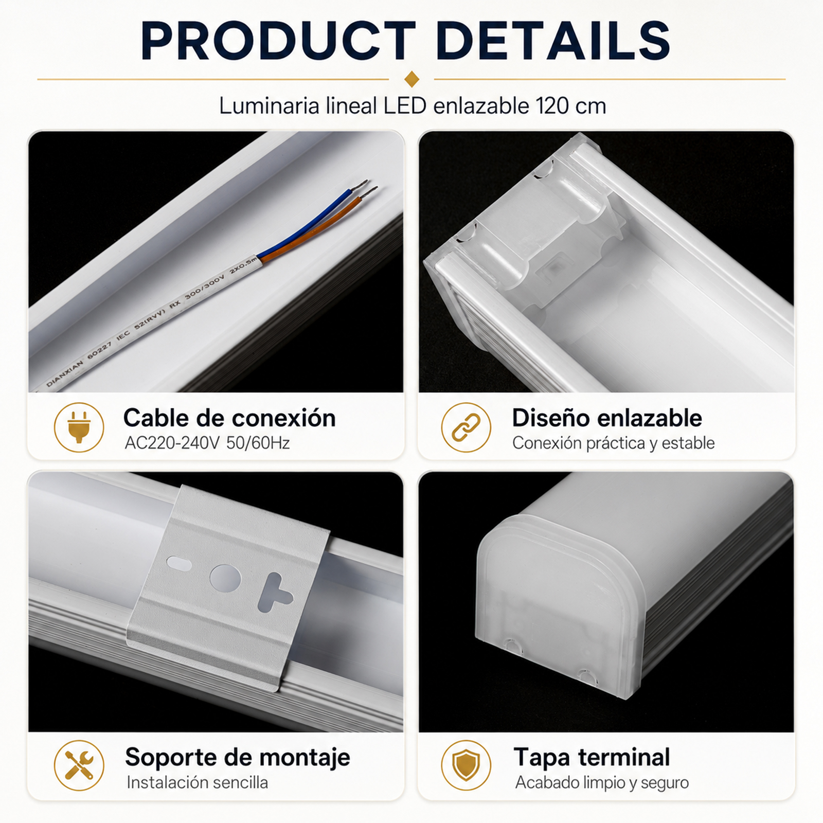 Detalles del producto: cable, diseño enlazable, soporte, tapa.