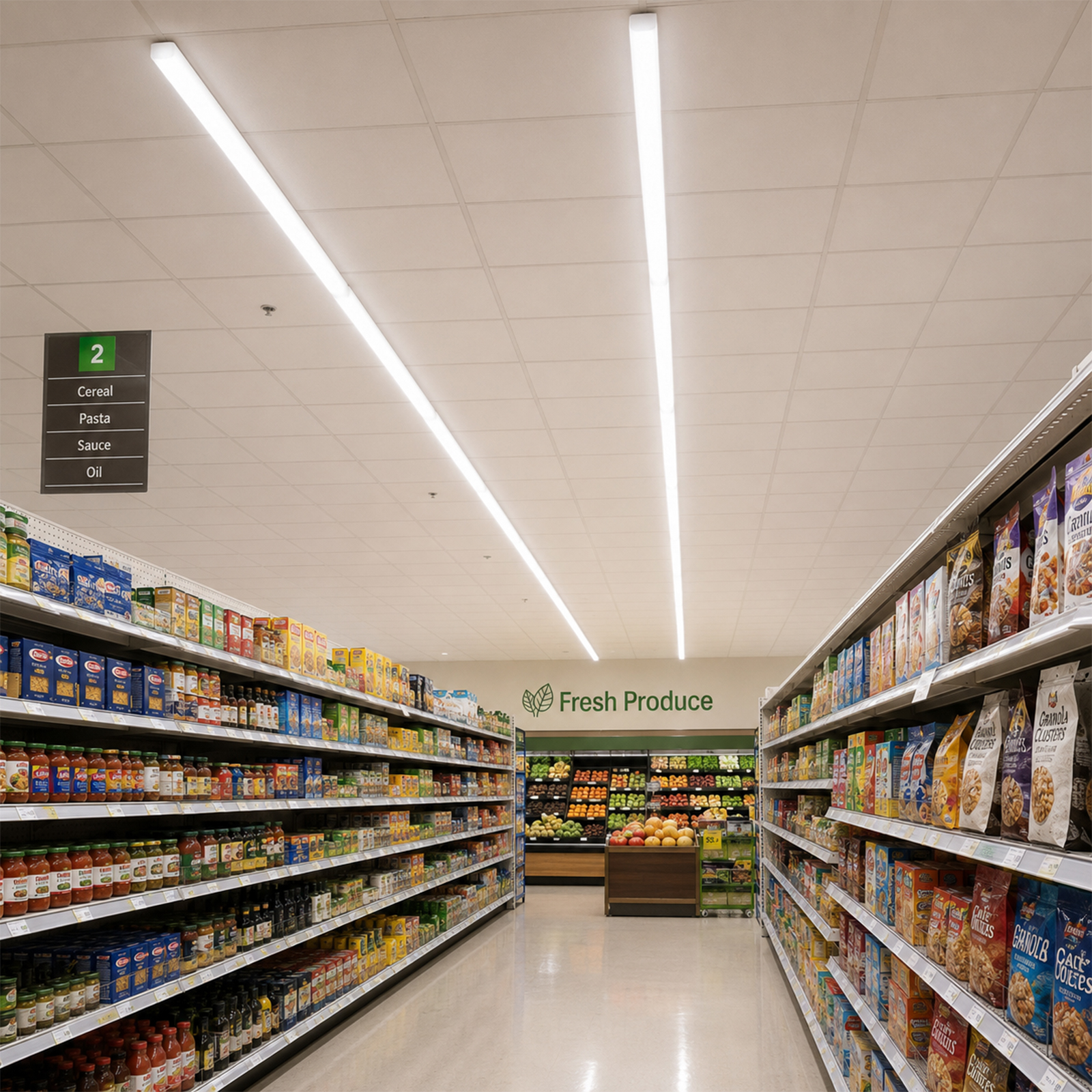 Pasillo de supermercado con estantes llenos de comida y productos frescos al fondo.