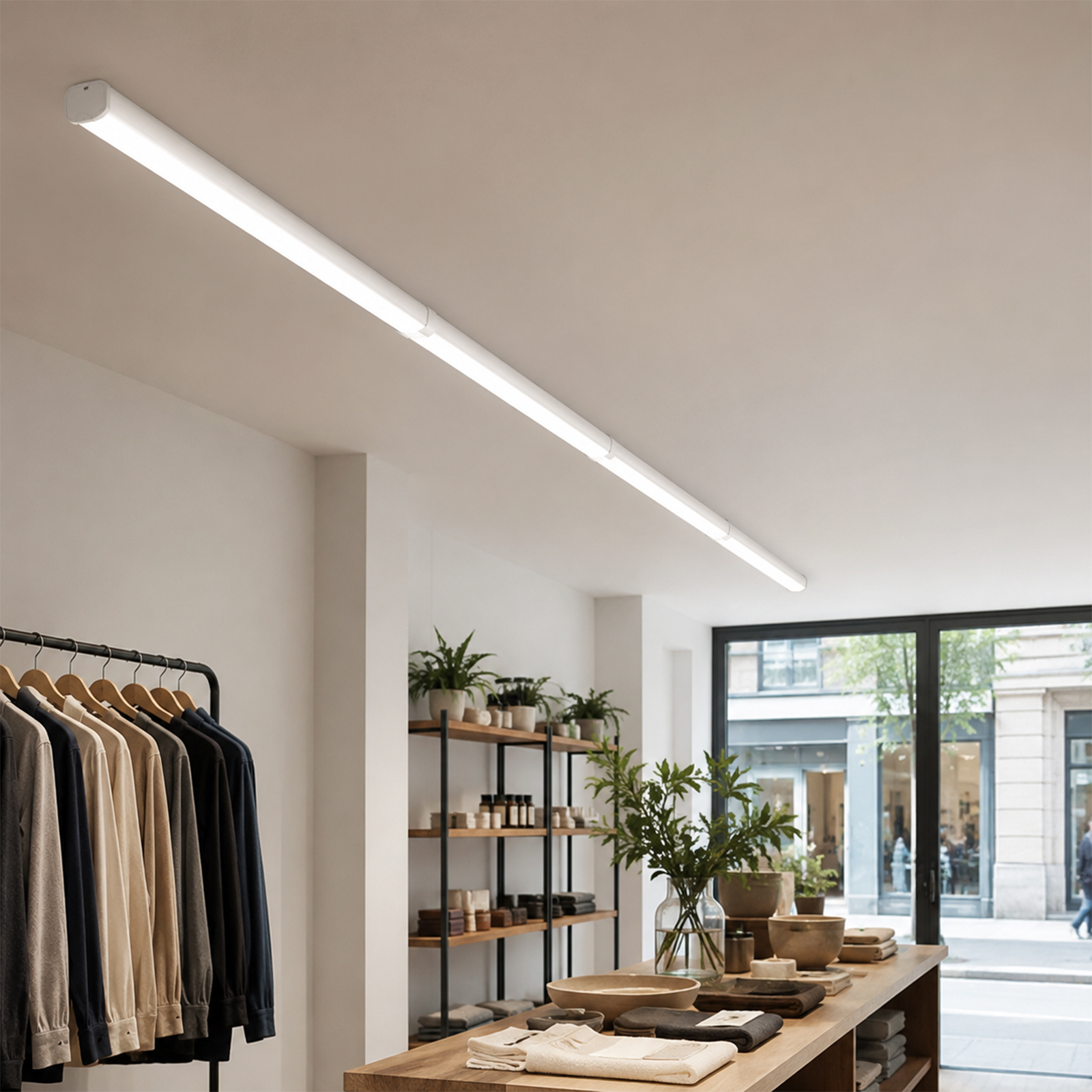 Una tienda con ropa en perchas, estantes con plantas y jarrones.