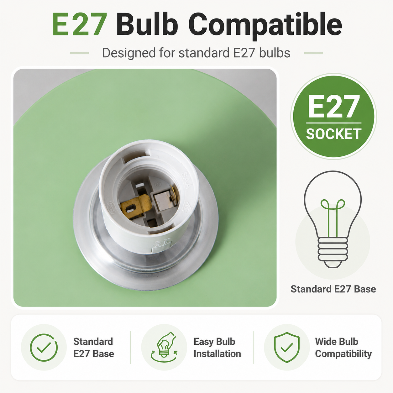 Primer plano de un portalámparas E27. El texto indica compatibilidad con bombillas E27.