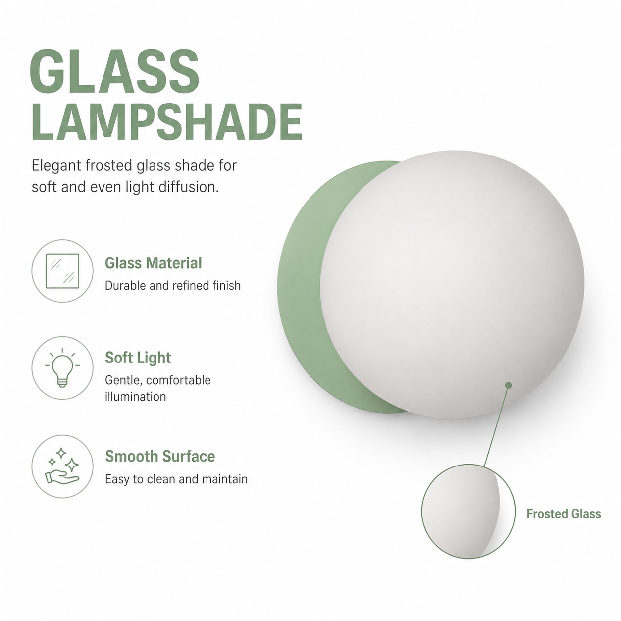 Pantalla de lámpara de vidrio blanca con iluminación suave, material de vidrio, superficie lisa.