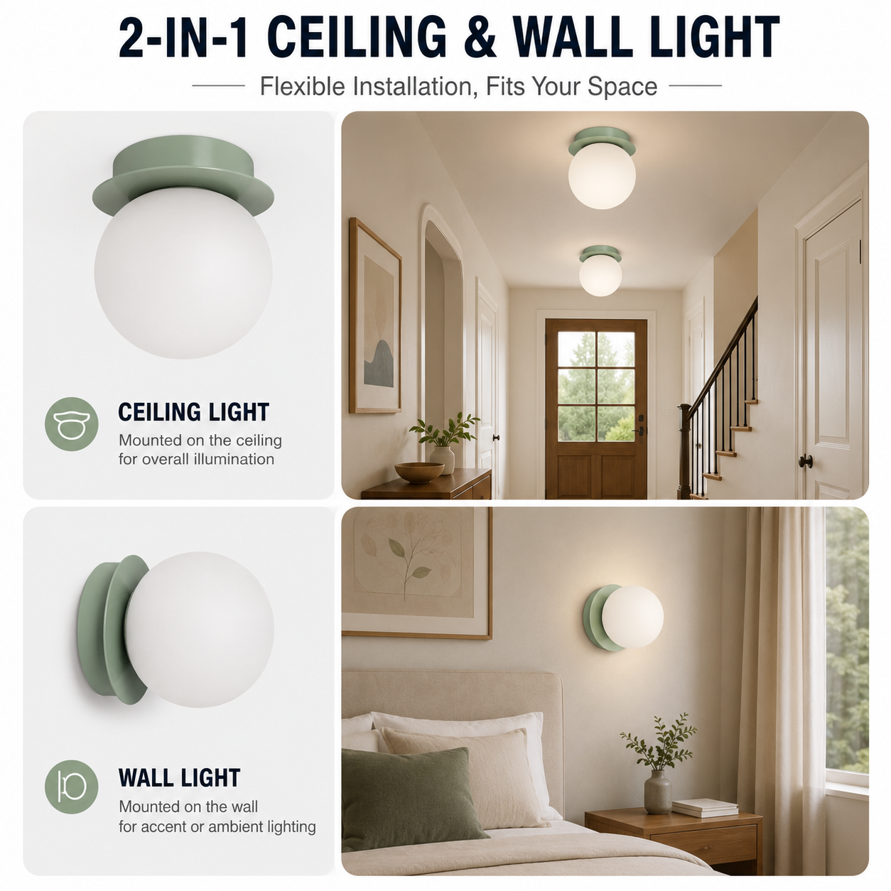 Una lámpara de techo y una lámpara de pared modernas en verde y blanco.