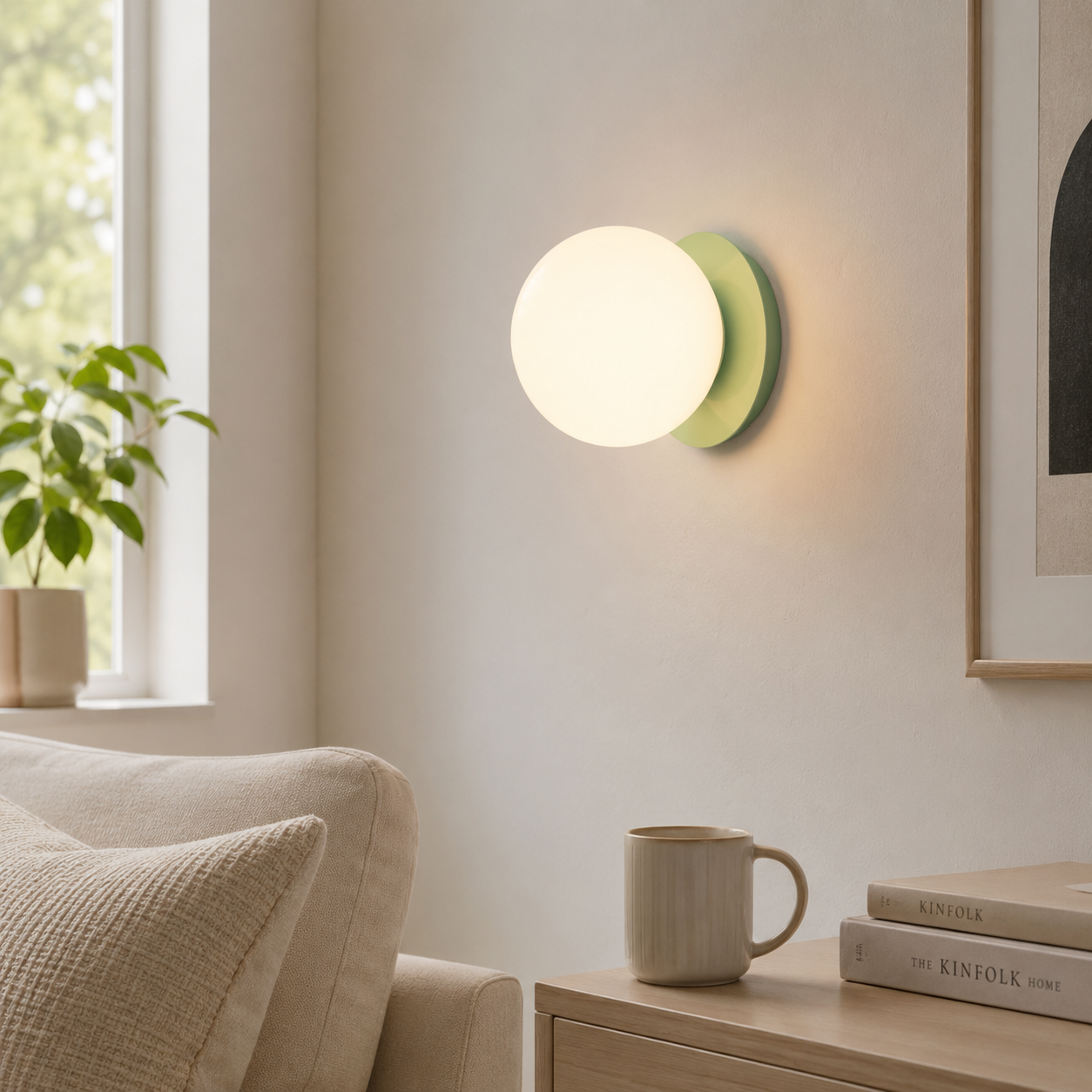 Una lámpara de pared moderna con esfera blanca ilumina una sala con sofá y mesa auxiliar.