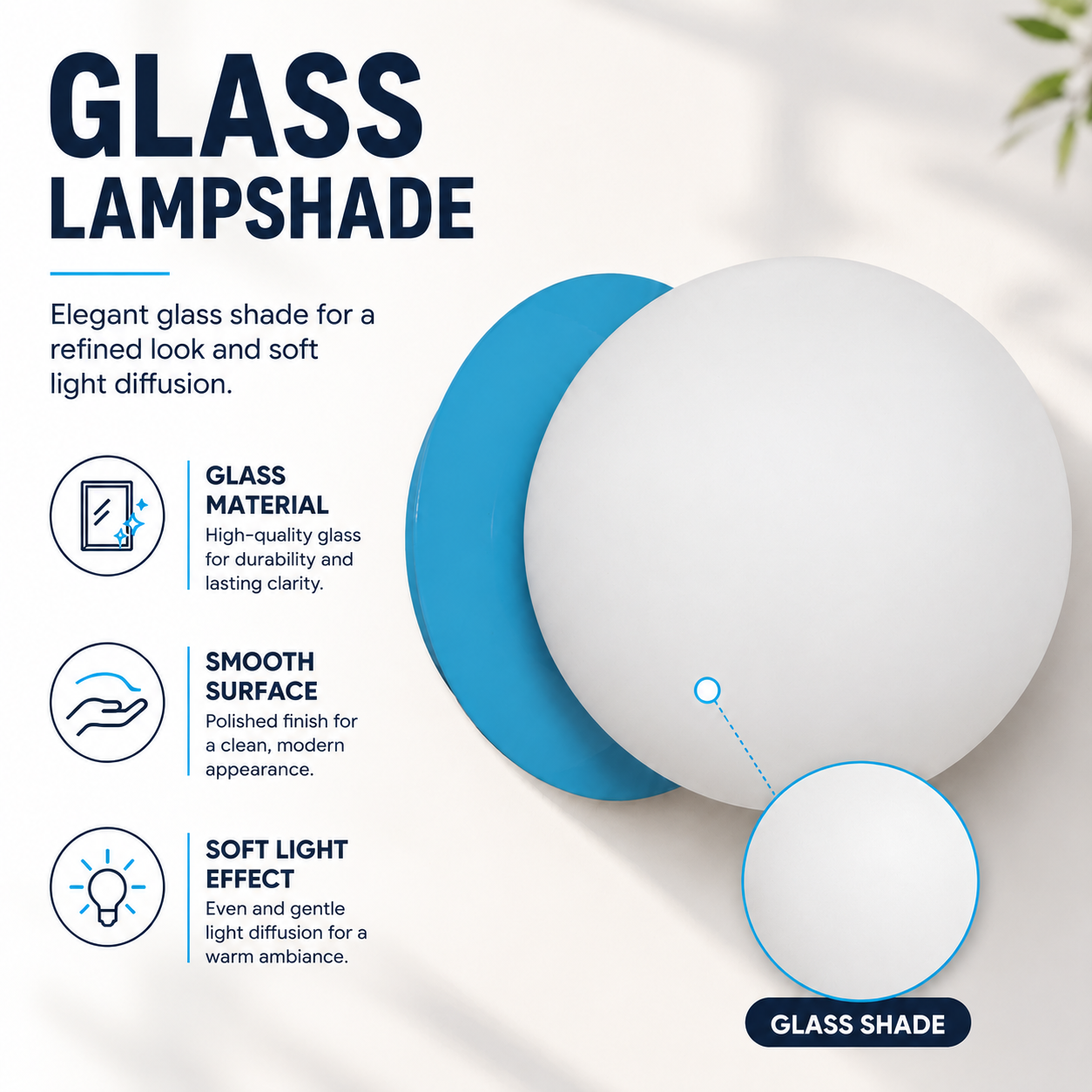 Lámparas de cristal blancas y azules con texto sobre material, superficie y efecto de luz.