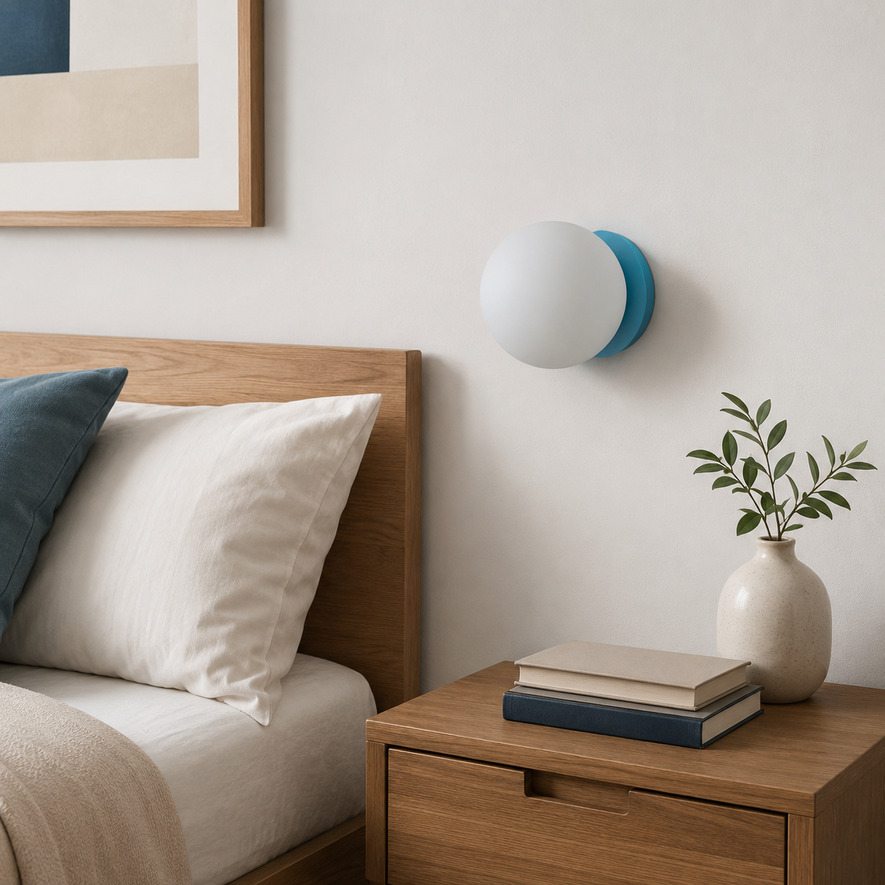 Una mesita de noche de madera con libros y un jarrón con plantas.