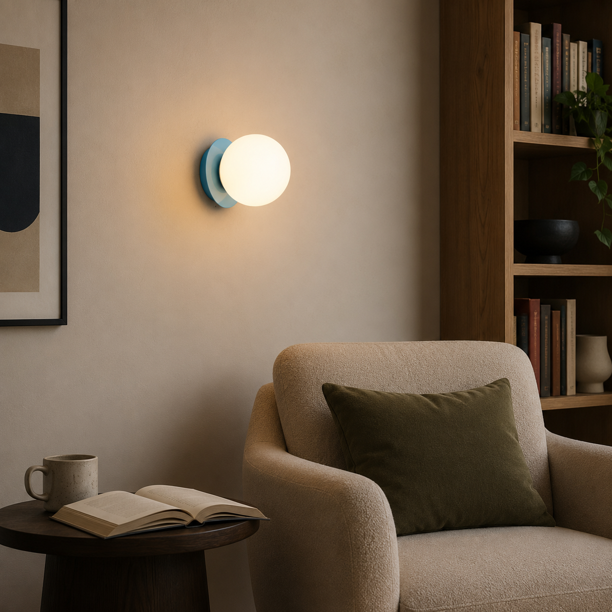 Un rincón acogedor de la sala con sillón beige, cojín verde oliva, mesa auxiliar y lámpara de pared.