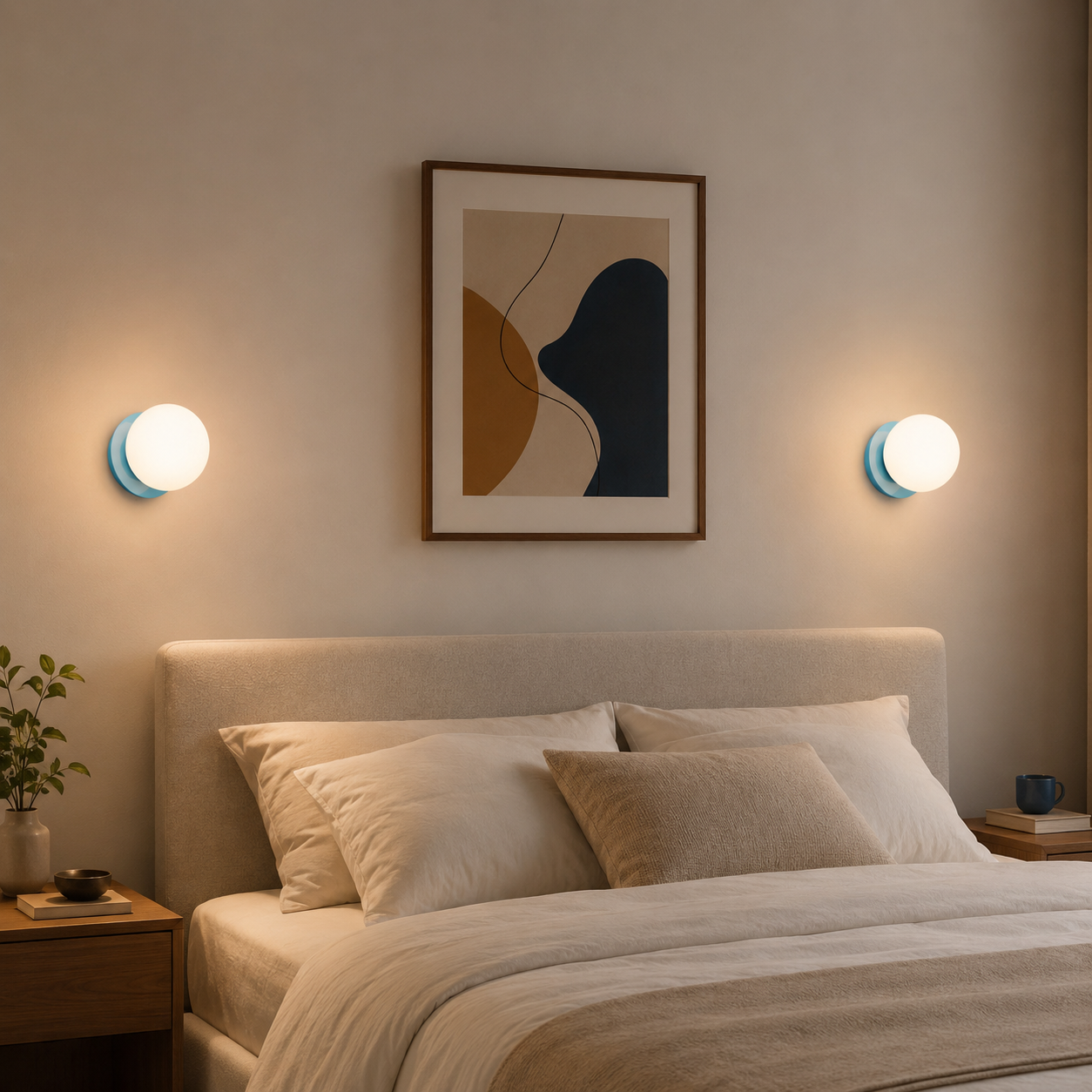 Una cama con almohadas bajo un mural con dos luces azules y marrones.
