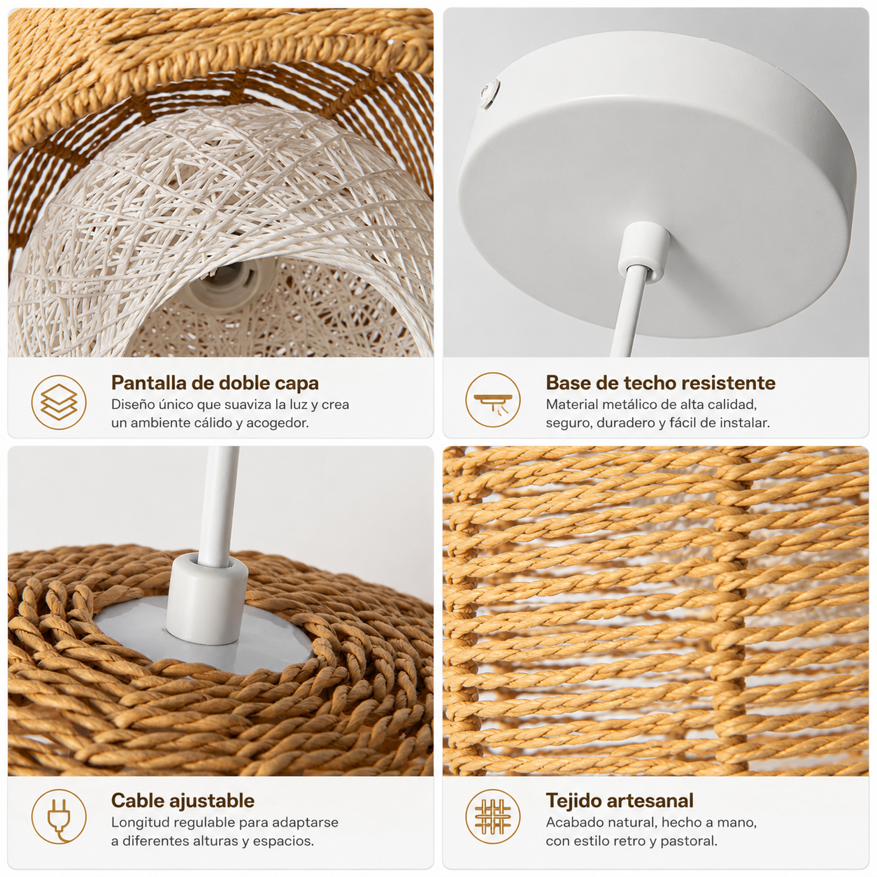 Lámpara colgante con pantalla de doble capa, cable ajustable y base de techo.