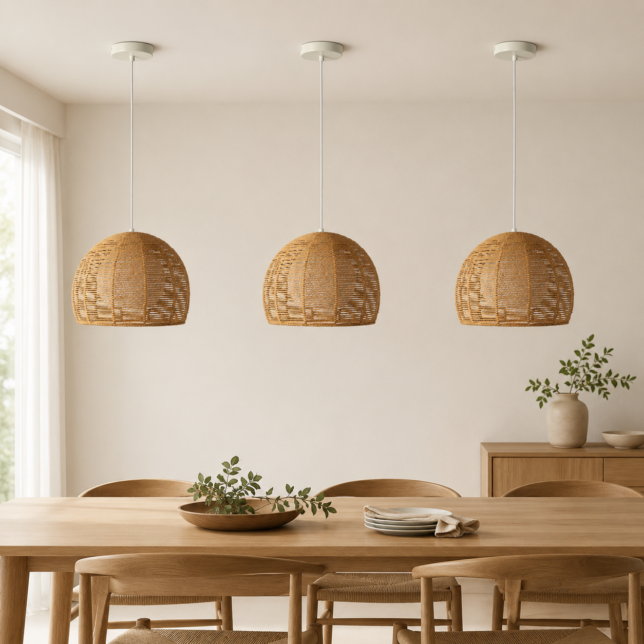 Tres lámparas colgantes tejidas cuelgan sobre una mesa de comedor de madera con sillas.