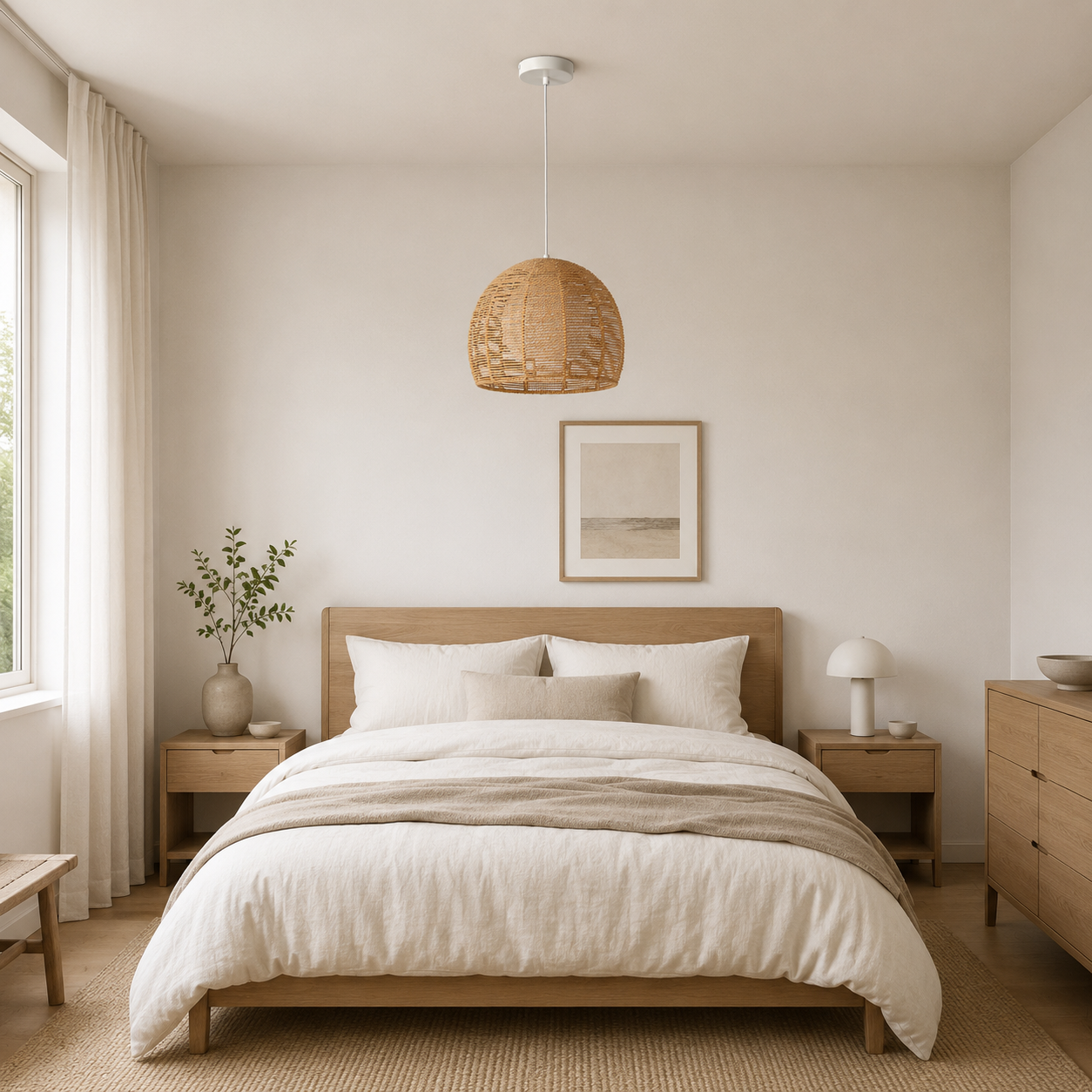 Un dormitorio luminoso con cama de madera, ropa de cama blanca y lámpara colgante tejida.