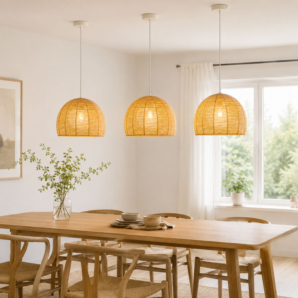 Una mesa de madera con tres lámparas colgantes de ratán, sillas y plantas.