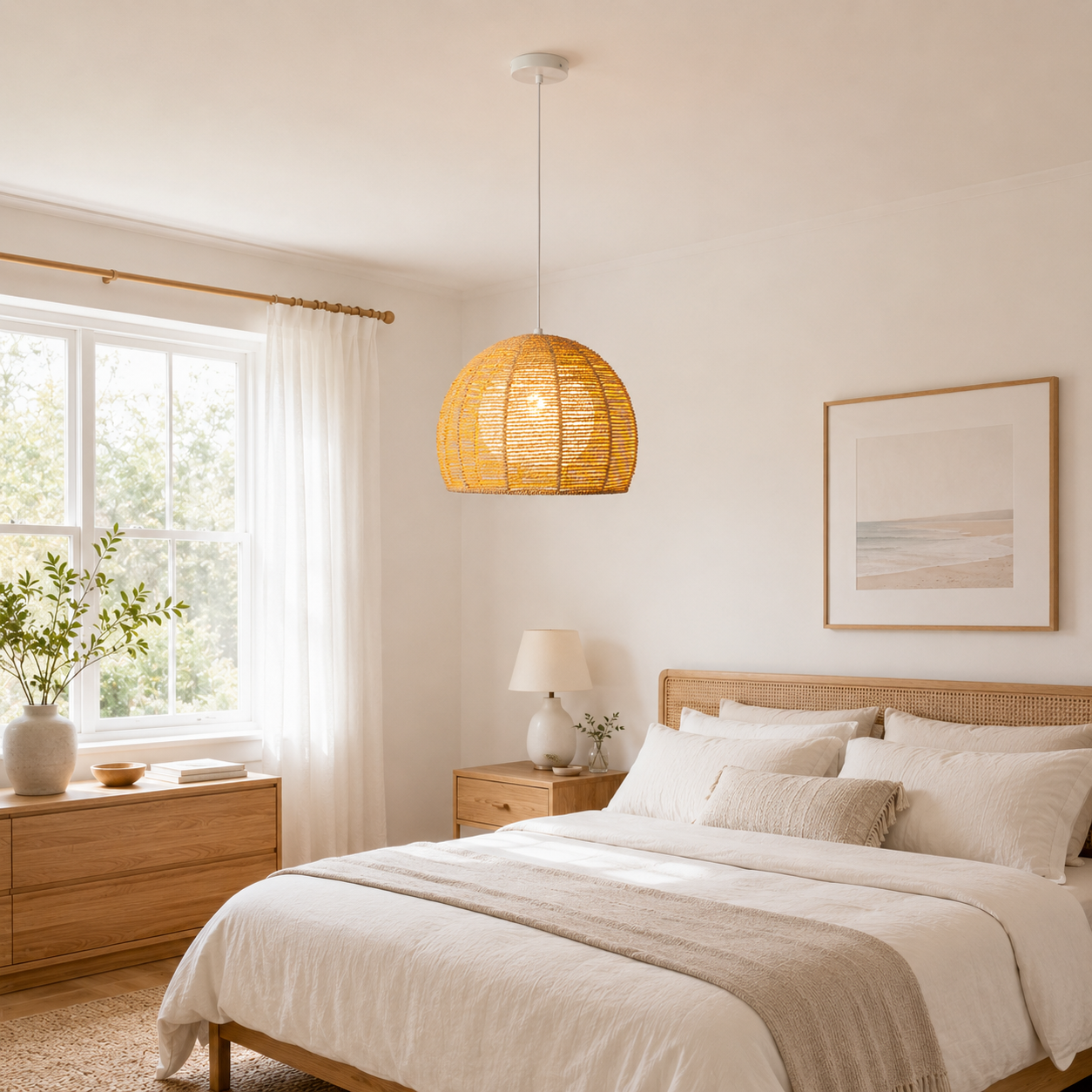 Un dormitorio con cama, mesita de noche, cómoda y ventana.