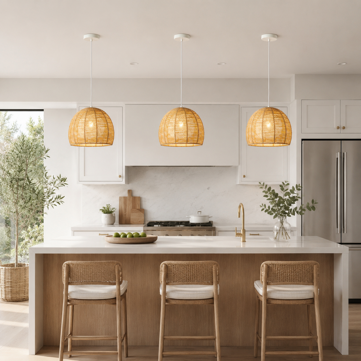 Cocina moderna con barra de desayuno, tres lámparas colgantes de ratán y taburetes.
