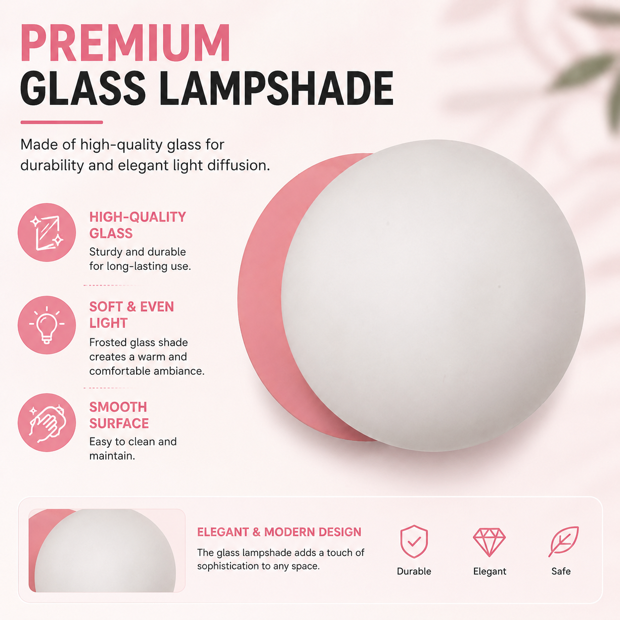 Pantalla de lámpara de vidrio premium, blanca esmerilada, con respaldo rosa. Con iconos de calidad.