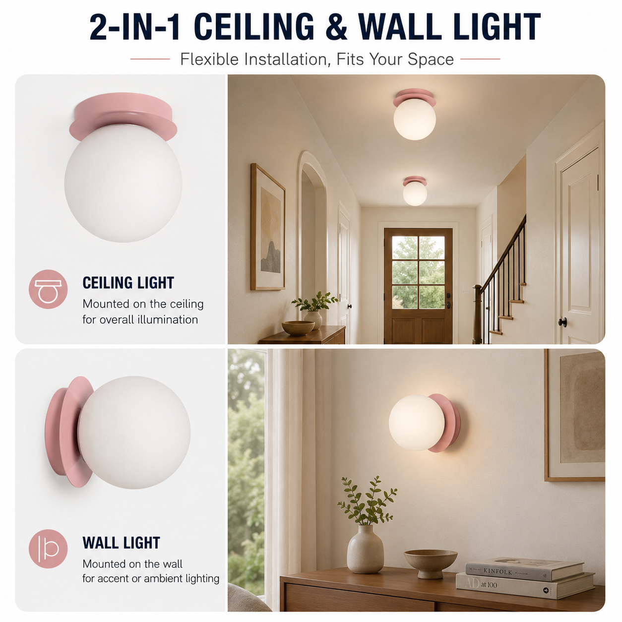 Se muestra una lámpara de techo rosa y una lámpara de pared rosa.