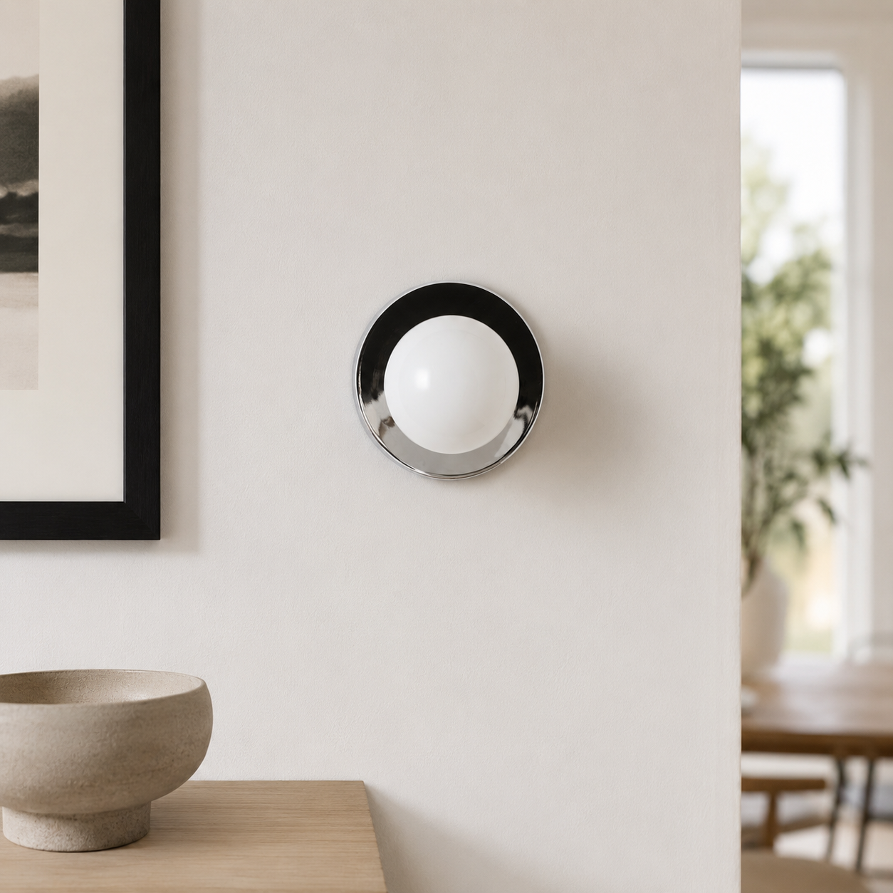 Lámpara de pared con difusor esférico y anillo cromado junto a un cuadro.