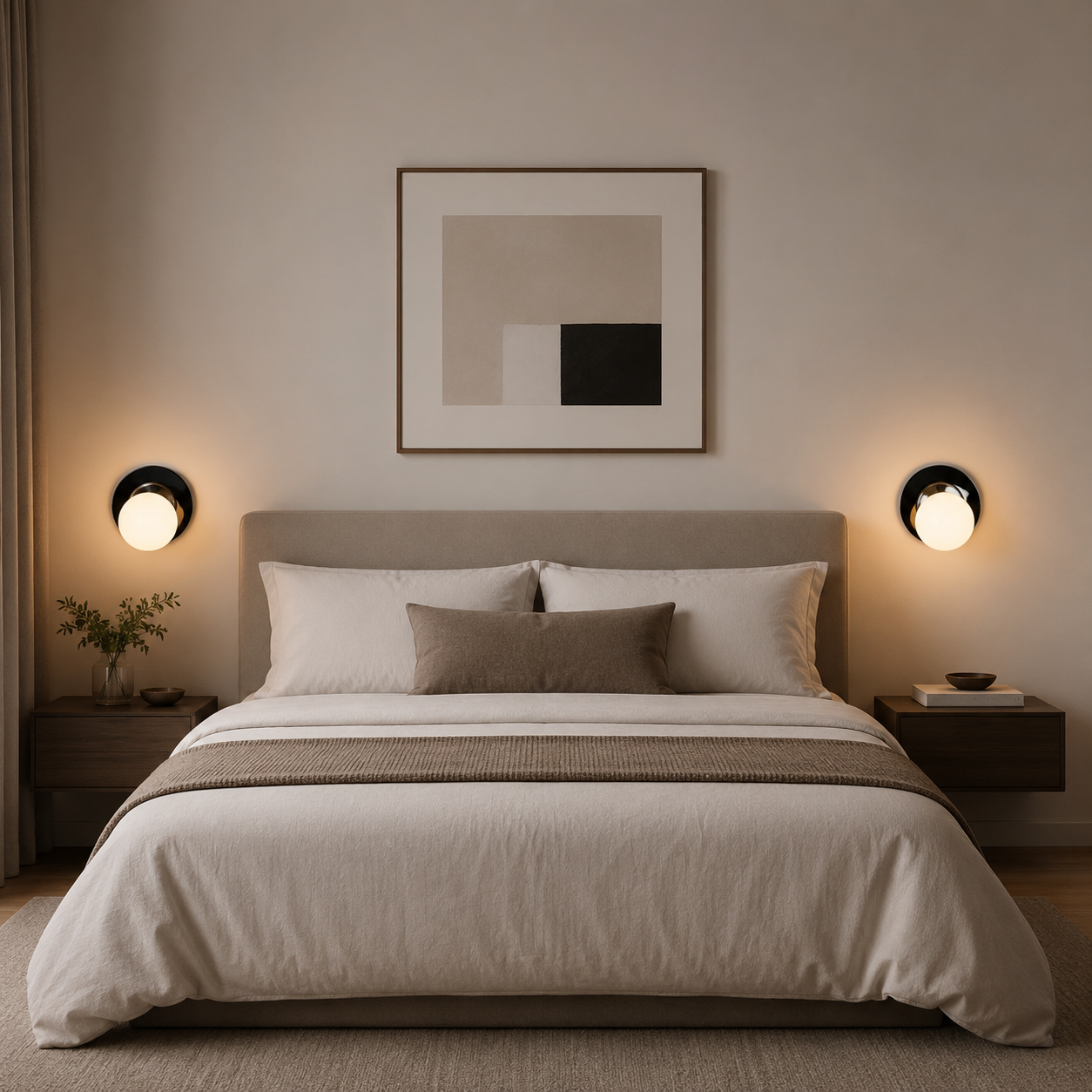 Un dormitorio acogedor con una cama grande, mesitas de noche y apliques de pared.