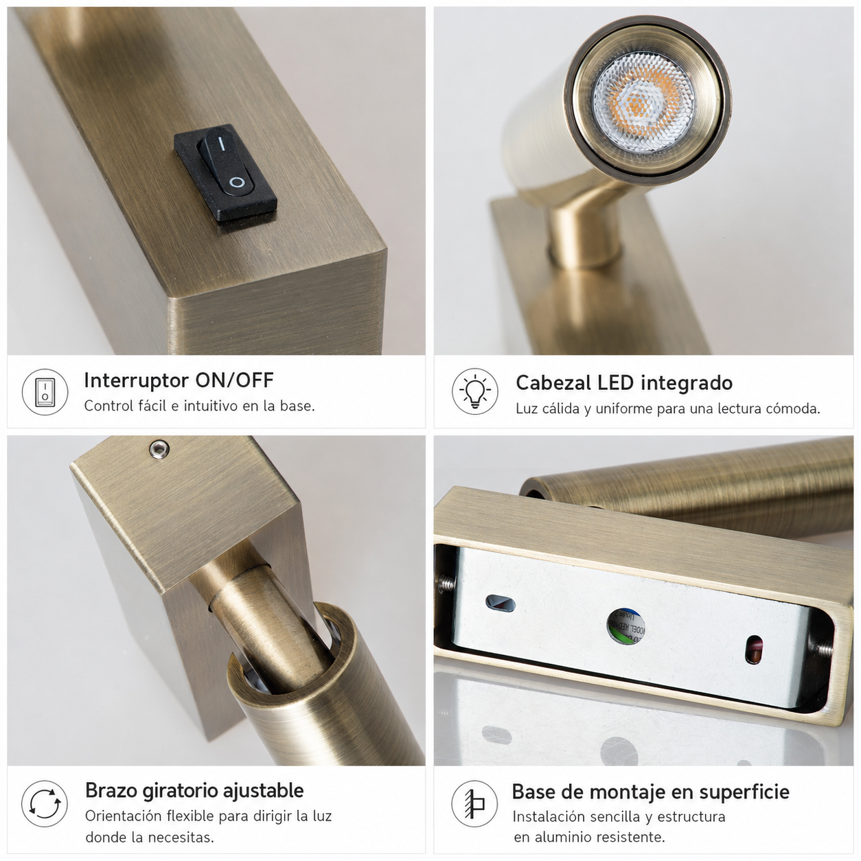 Cuatro vistas detalladas de una lámpara de bronce: interruptor, cabezal LED, brazo ajustable.