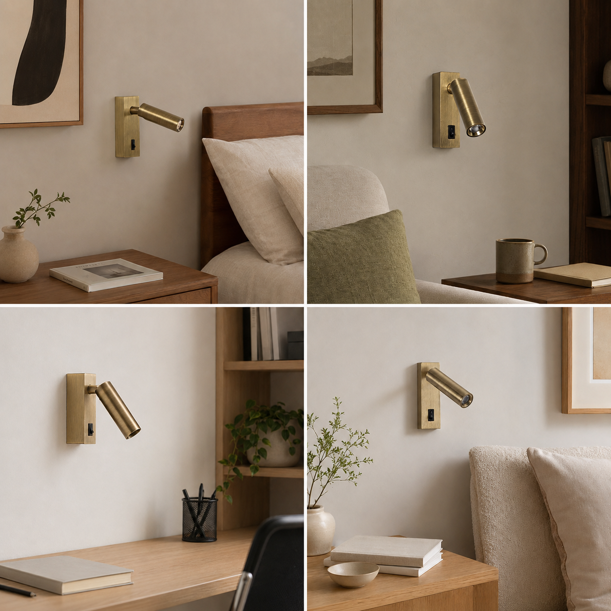 Lámpara de pared de latón sobre mesita de noche con libro, jarrón y arte.