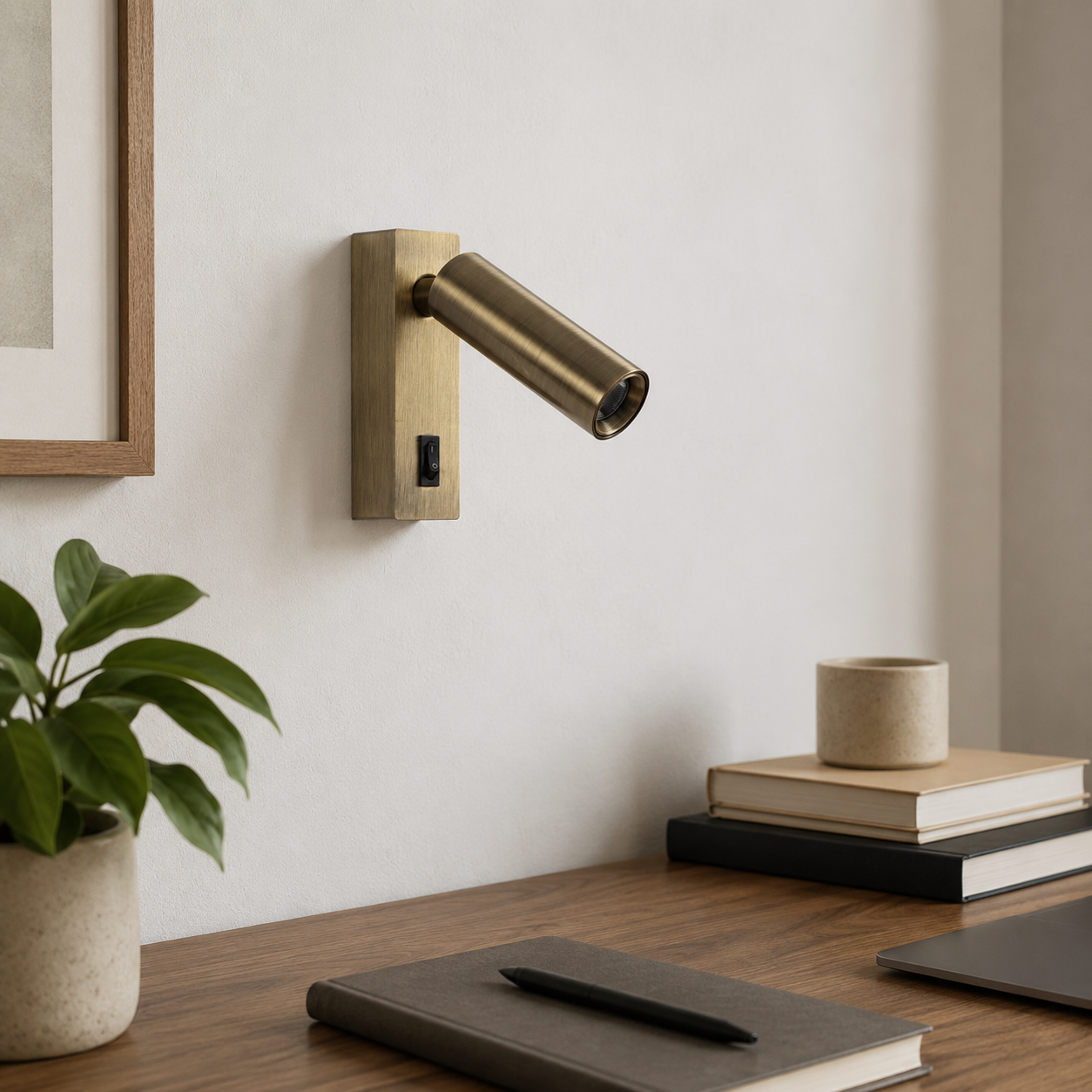 Un foco de pared dorado con interruptor sobre libros y una planta en maceta.