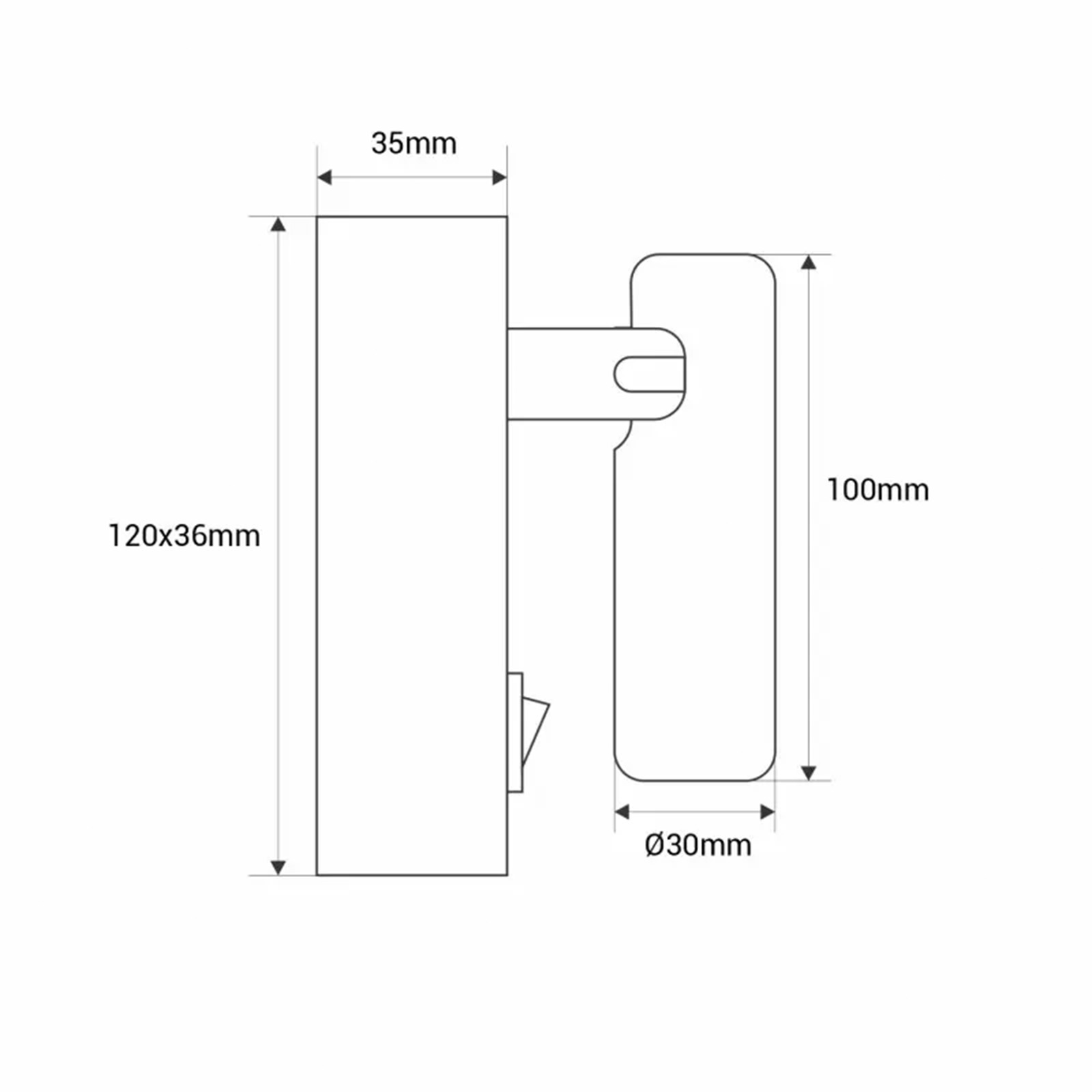 Dibujo técnico de una manija con dimensiones: 120x36mm, 35mm, 100mm, Ø30mm.