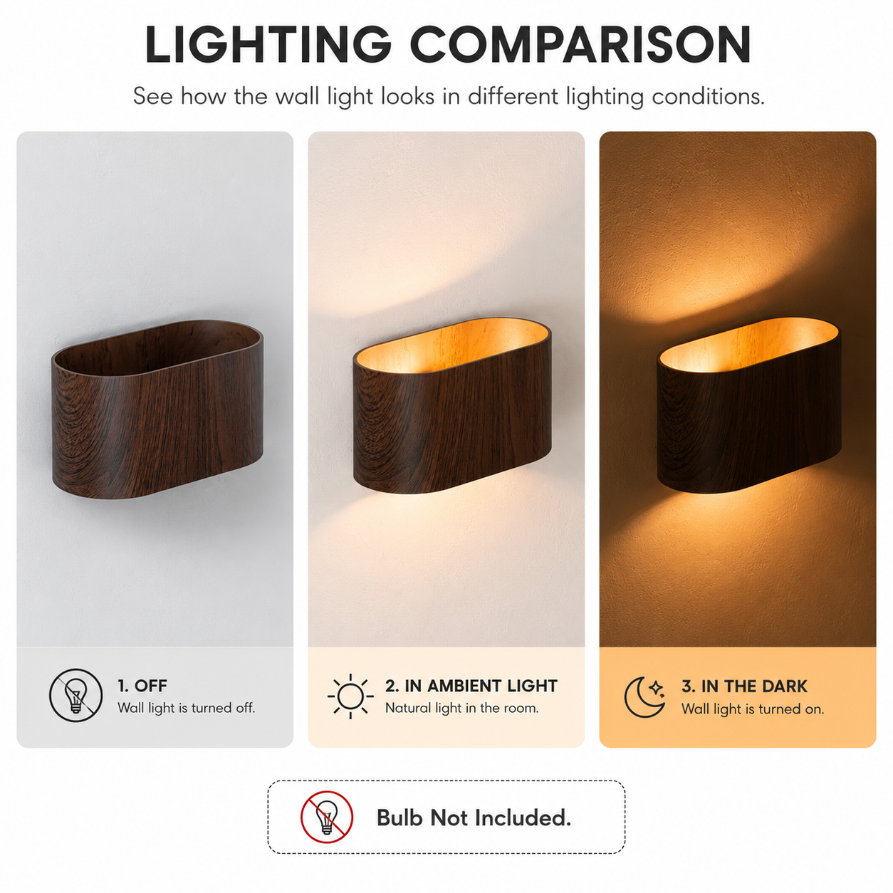 Una lámpara de pared de madera se muestra apagada, con luz ambiental y en la oscuridad.