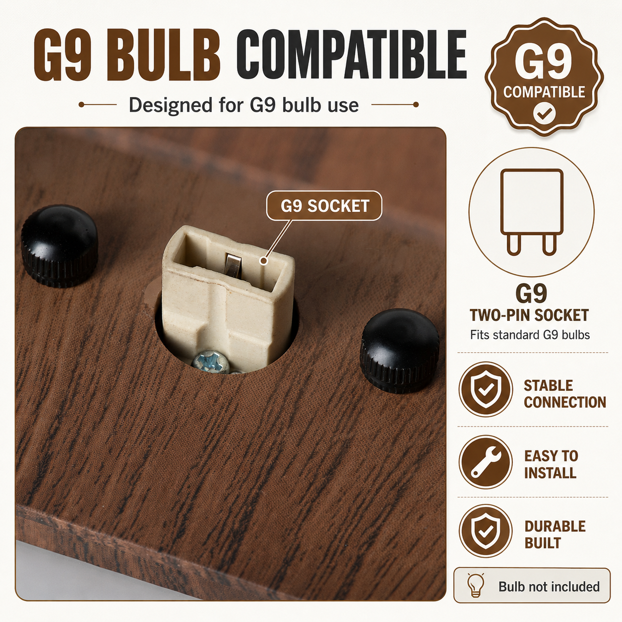Casquillo de dos pines G9 sobre veta de madera con perillas negras. Etiquetado "G9 SOCKET".