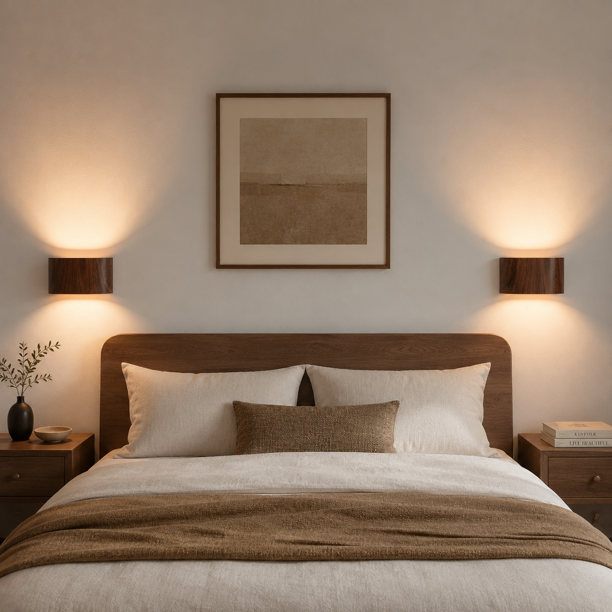 Un dormitorio acogedor con cama de madera, cojines, manta y apliques de pared.