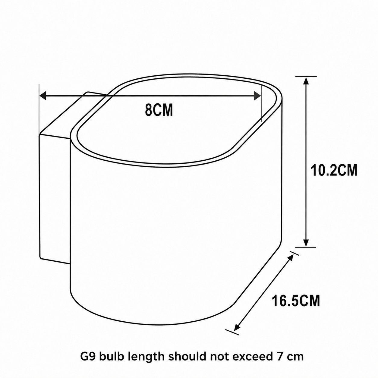 Dibujo técnico de un soporte: 8cm ancho, 10,2cm alto, 16,5cm profundo. Bombilla G9 máx. 7cm.