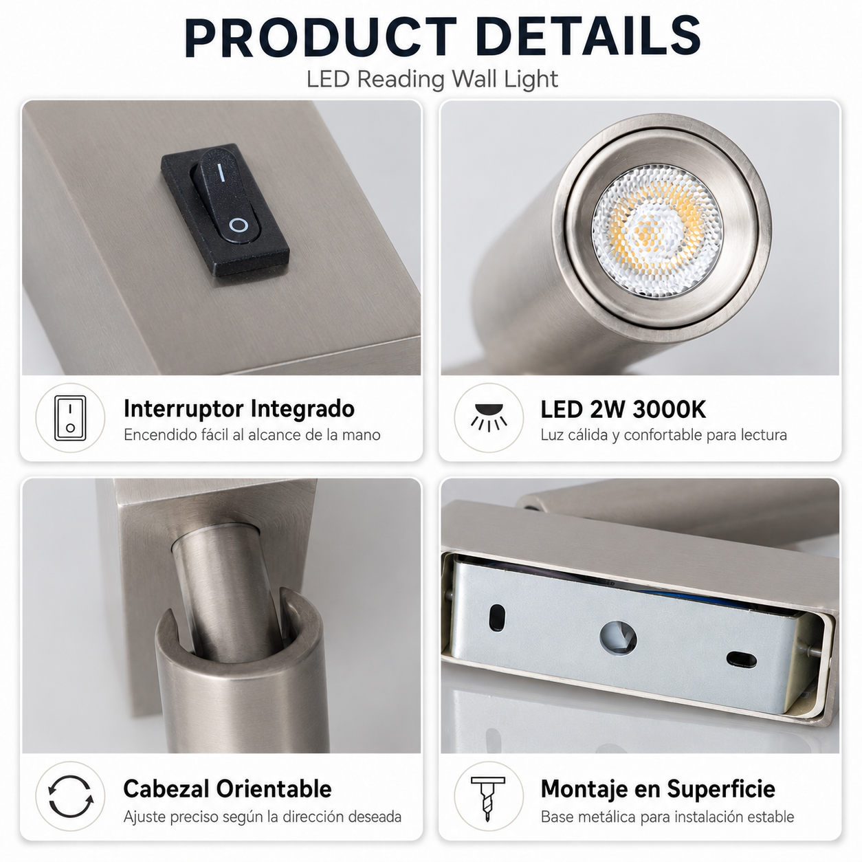 Primer plano de una lámpara de pared que muestra interruptor, LED, cabezal orientable y base.