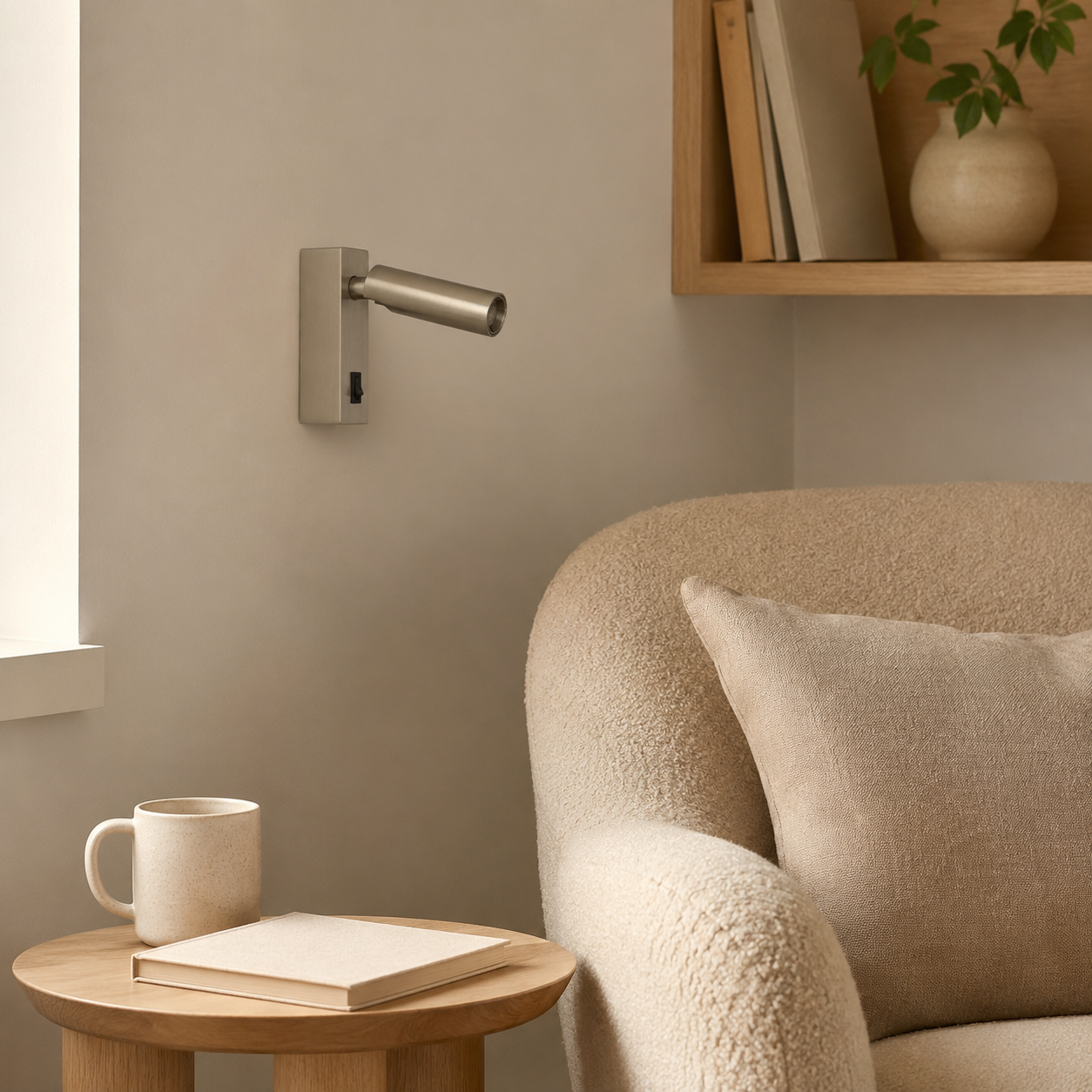 Un foco plateado de pared sobre una mesa auxiliar con taza y libro junto a un sillón.
