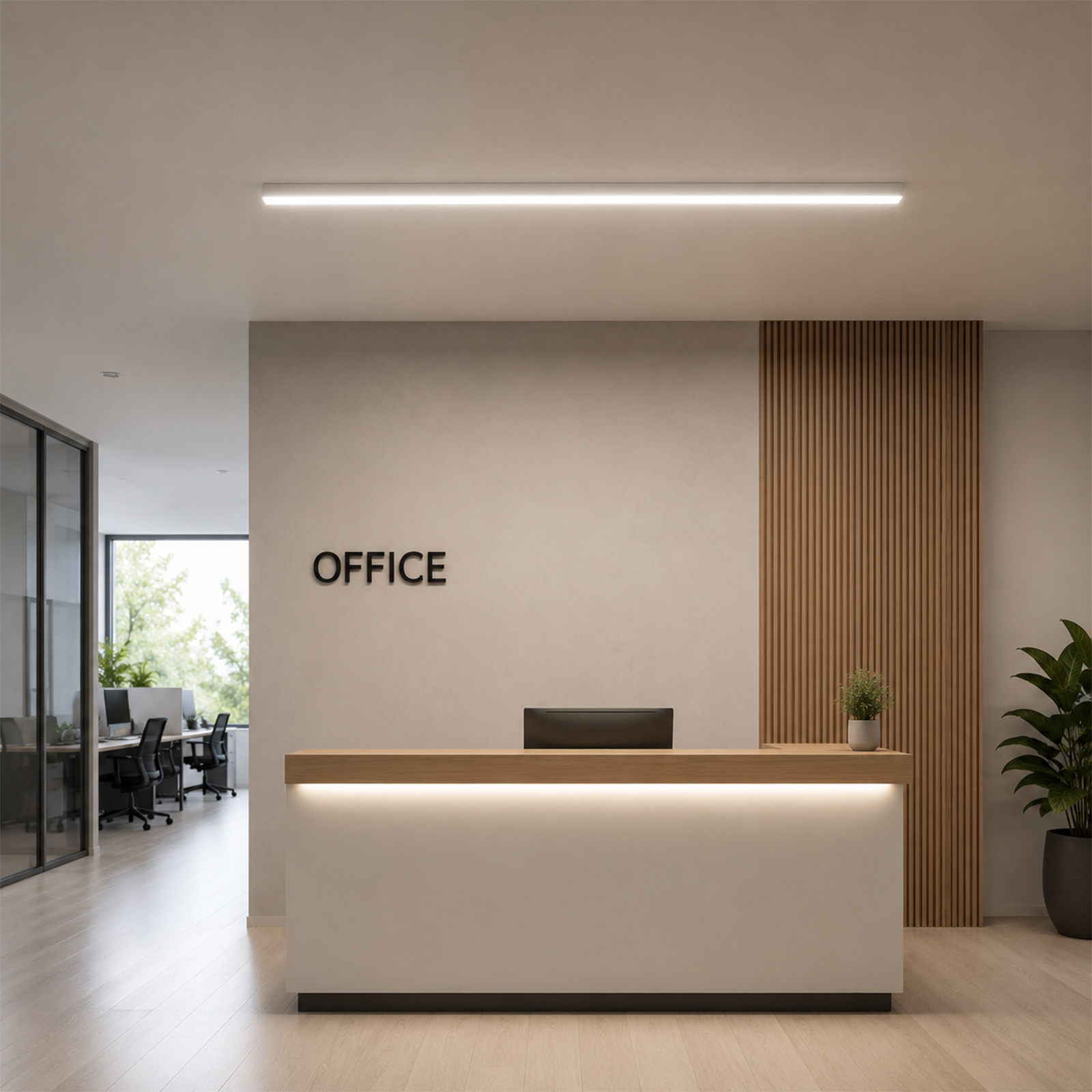 Recepción moderna con detalles de madera y plantas. Señal "OFFICE".