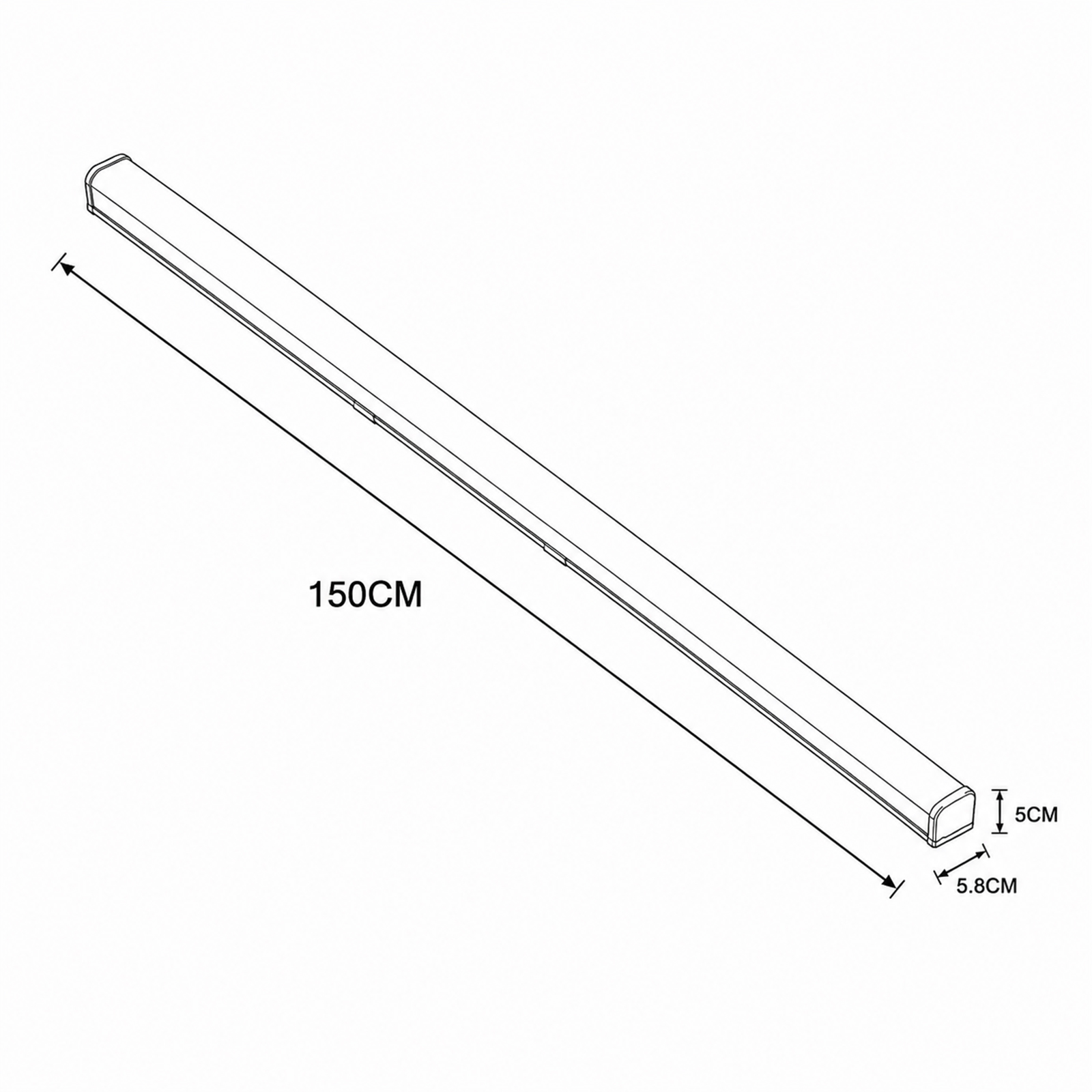 Un perfil de luz delgado de 150 cm de largo, con 5,8 cm de ancho y 5 cm de alto.
