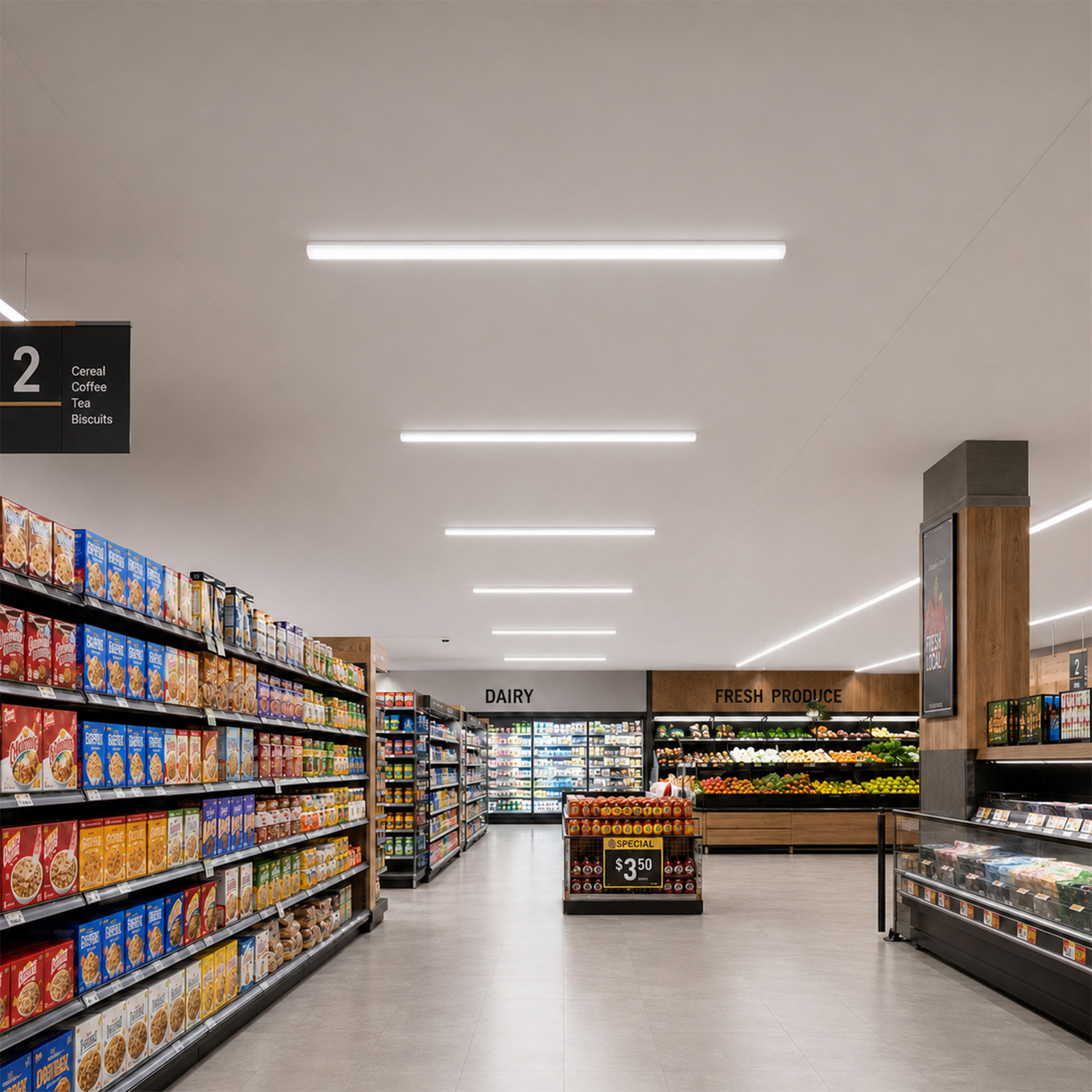 Un pasillo de supermercado con estantes llenos de comestibles, productos frescos y una sección láctea.