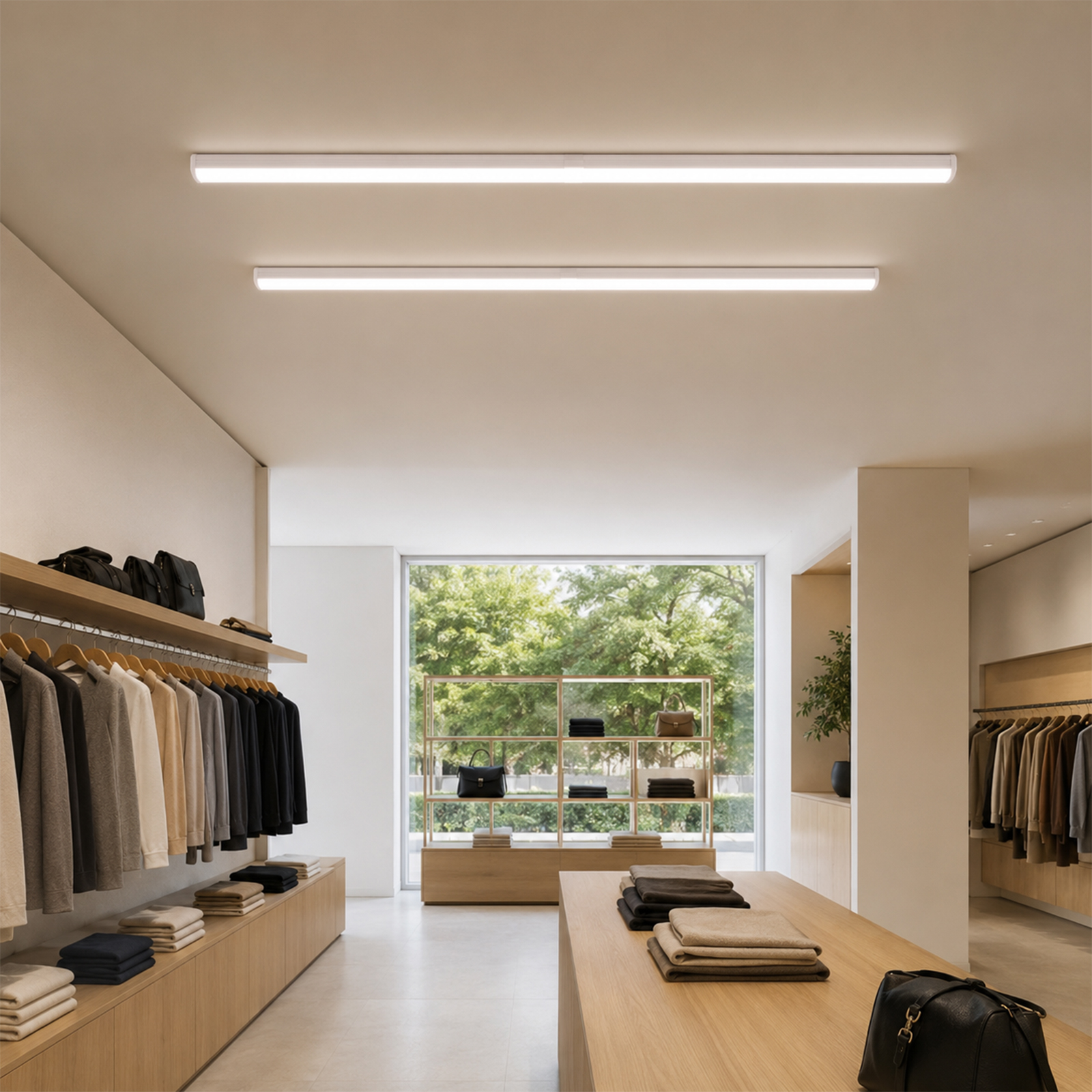 Interior de una tienda con ropa en percheros, estantes y una gran ventana con árboles.