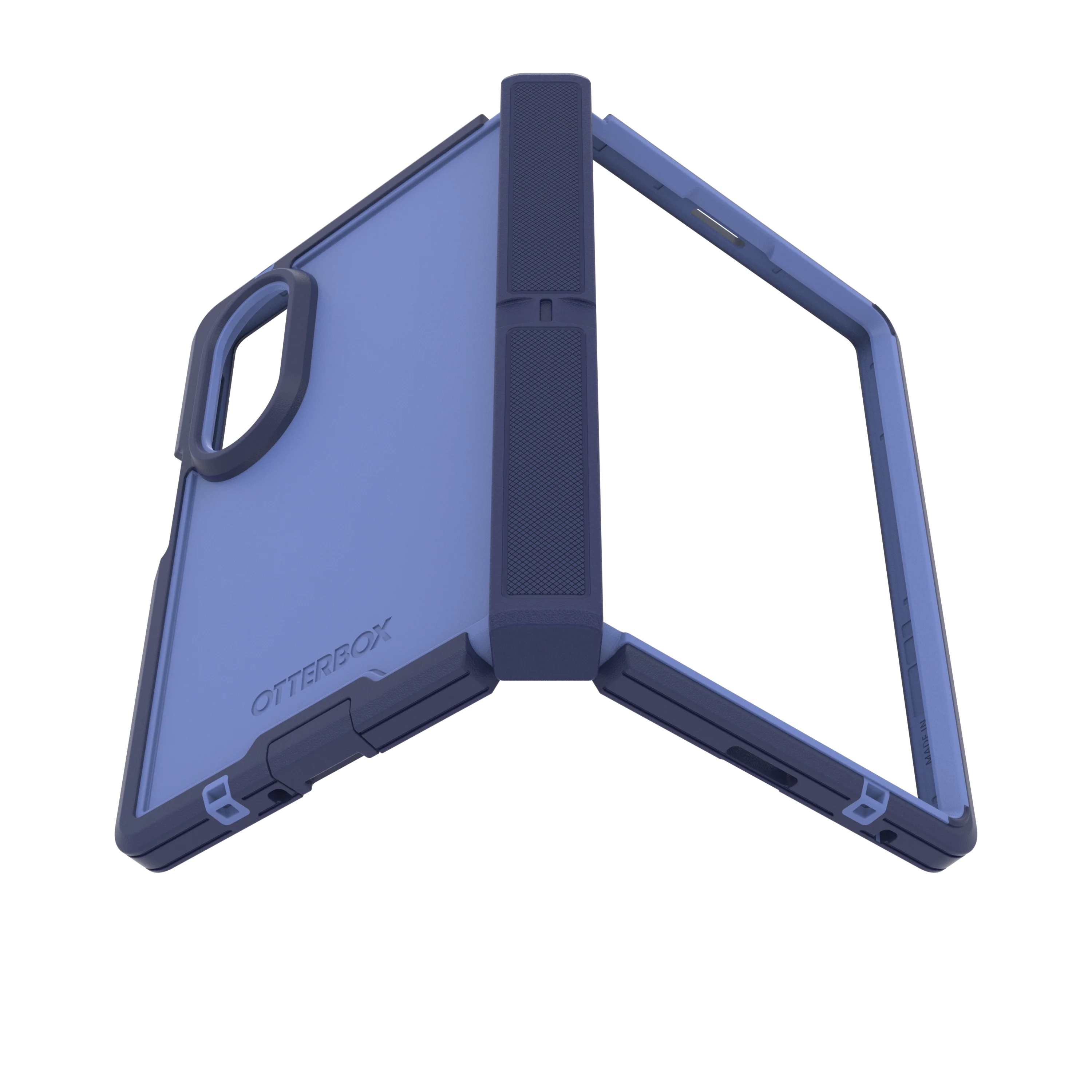 Une coque de téléphone Otterbox bleue avec des accents bleu foncé, ouverte.