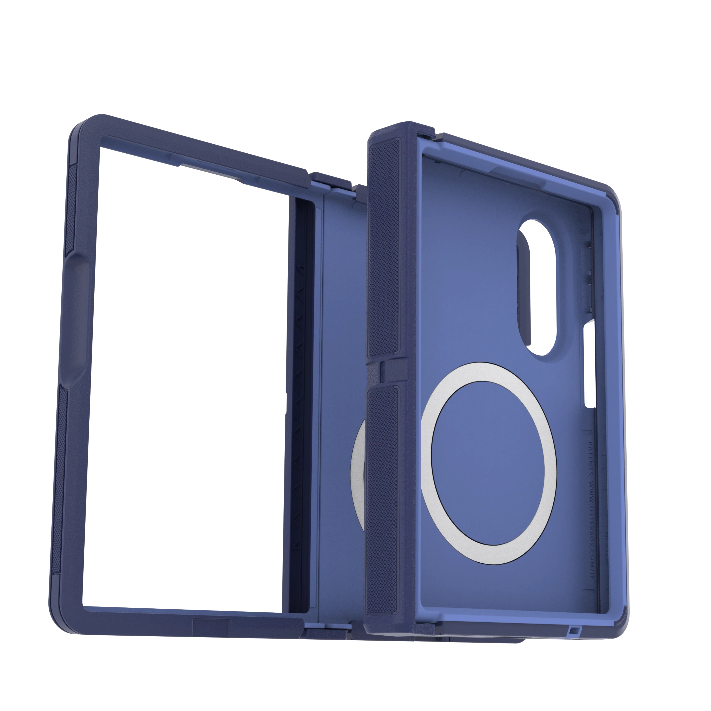 Une coque de téléphone bleue ouverte avec un anneau magnétique sur fond blanc.