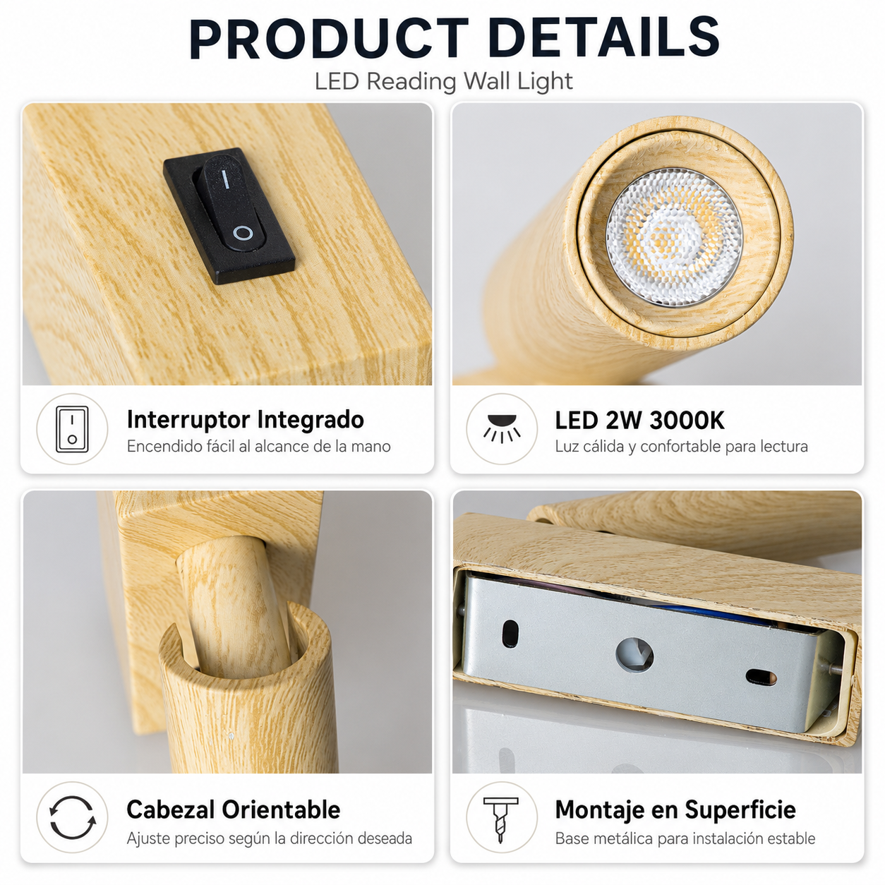 Imágenes de producto de una lámpara de lectura de pared de madera con interruptor, LED y base.