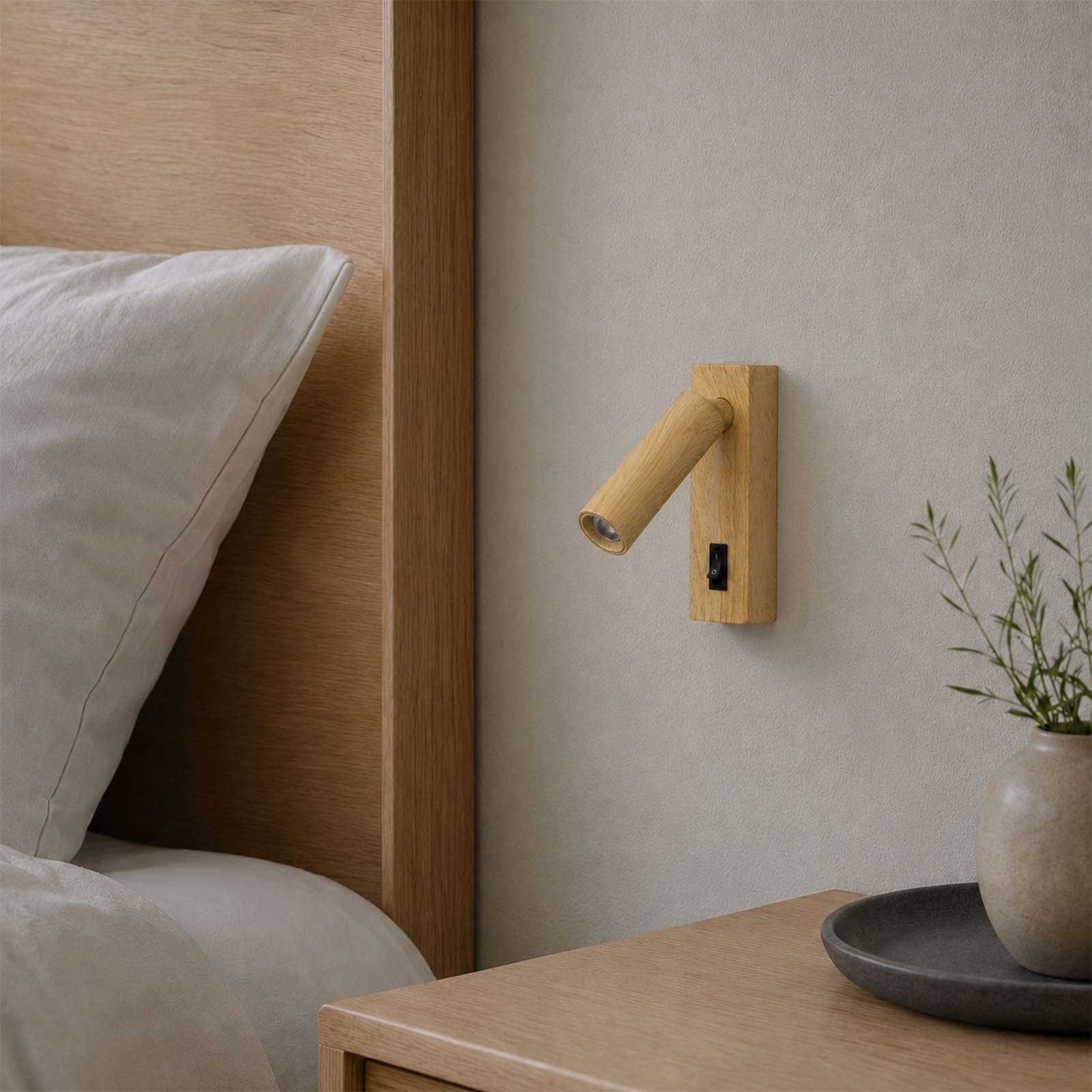 Cabecero de madera con almohada y aplique de pared.