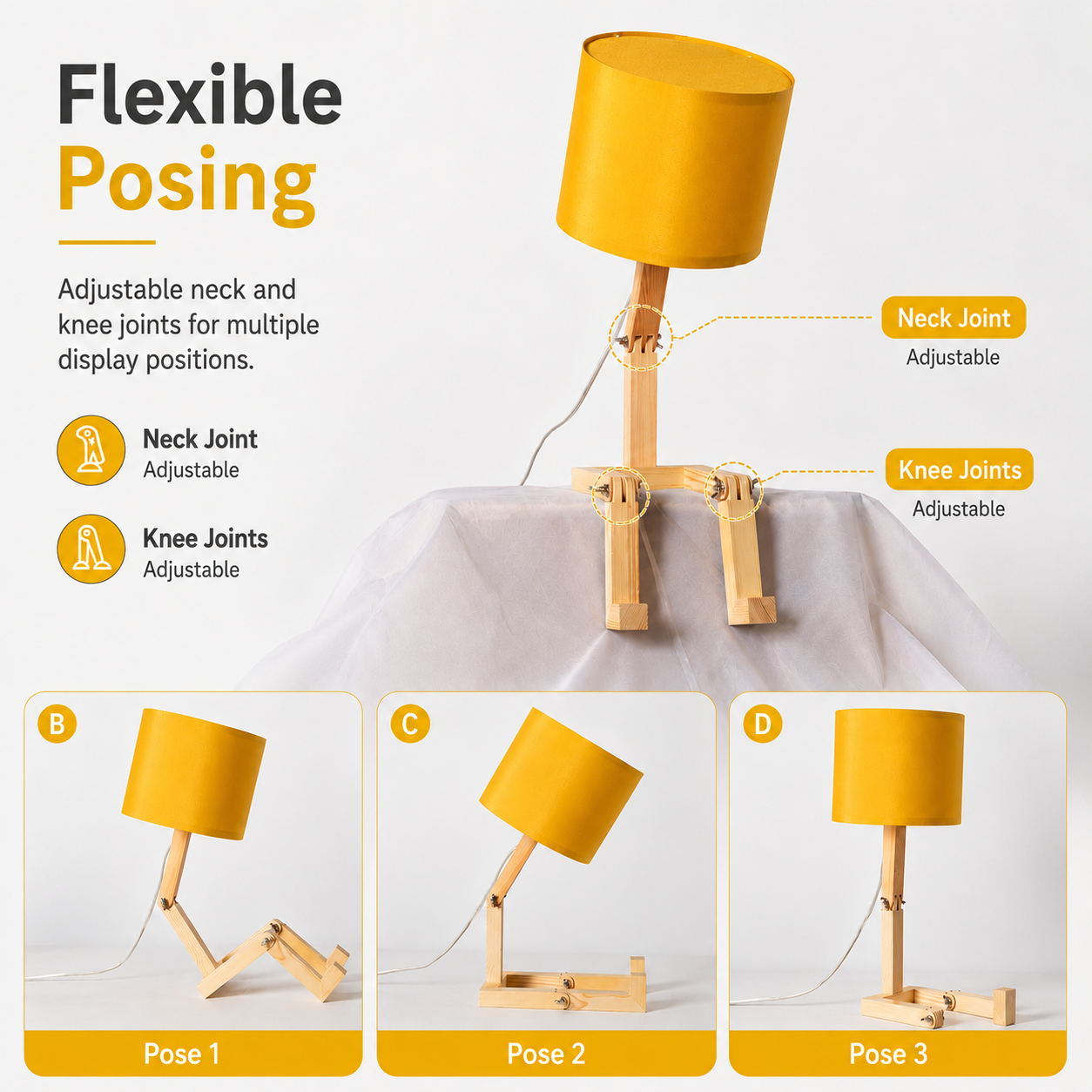 Una pantalla de lámpara amarilla sobre un soporte de madera flexible con juntas ajustables.