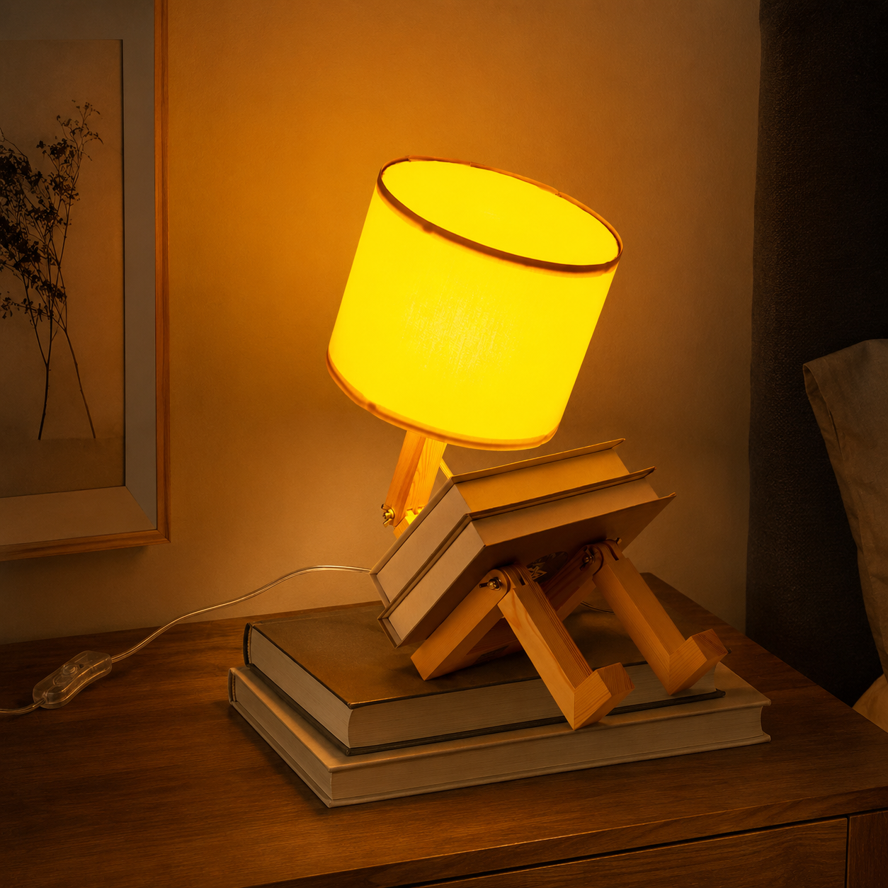 Lámpara de noche de madera con forma de figura, sobre libros, con pantalla amarilla.