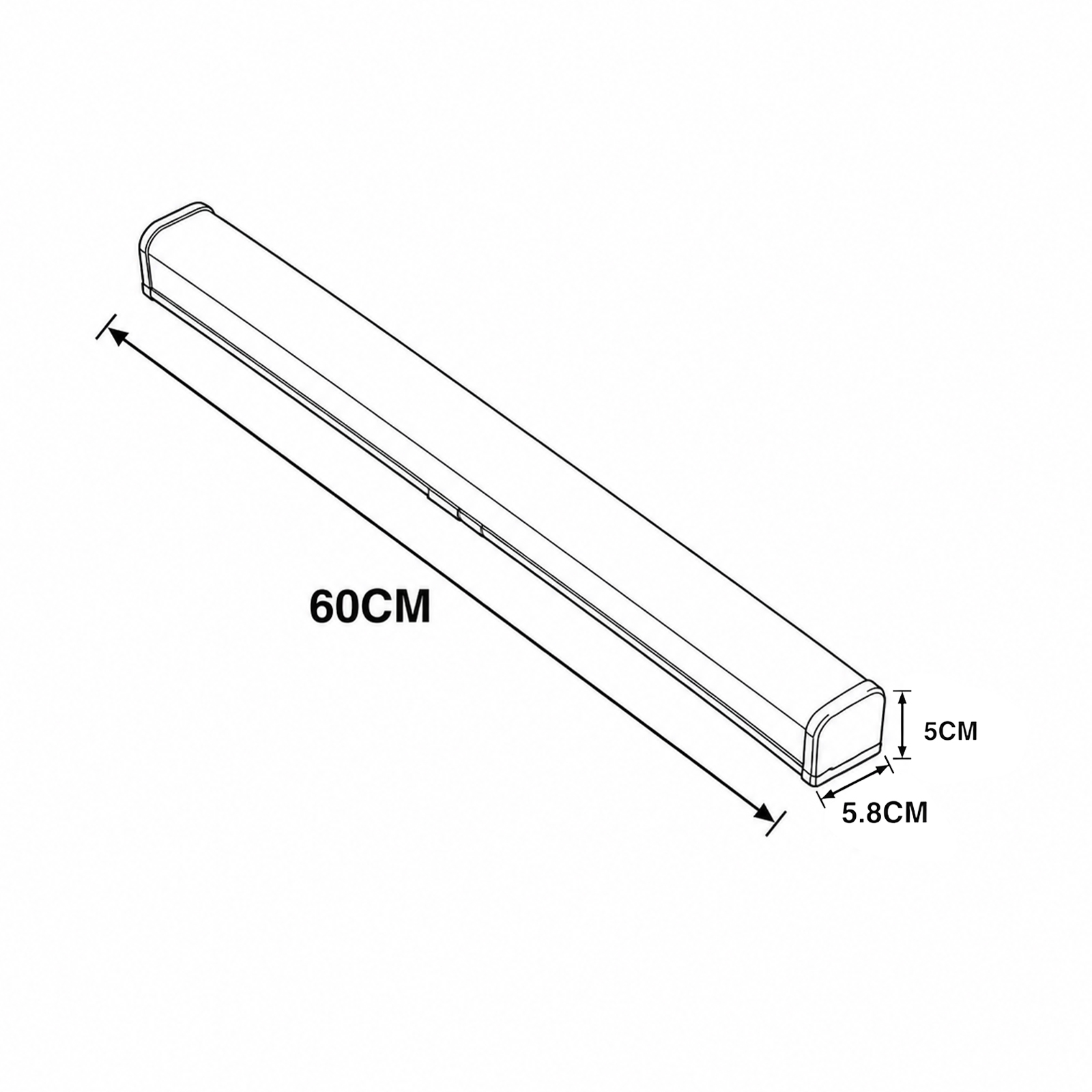 Una lámpara blanca de 60 cm que mide 5,8 cm por 5 cm.